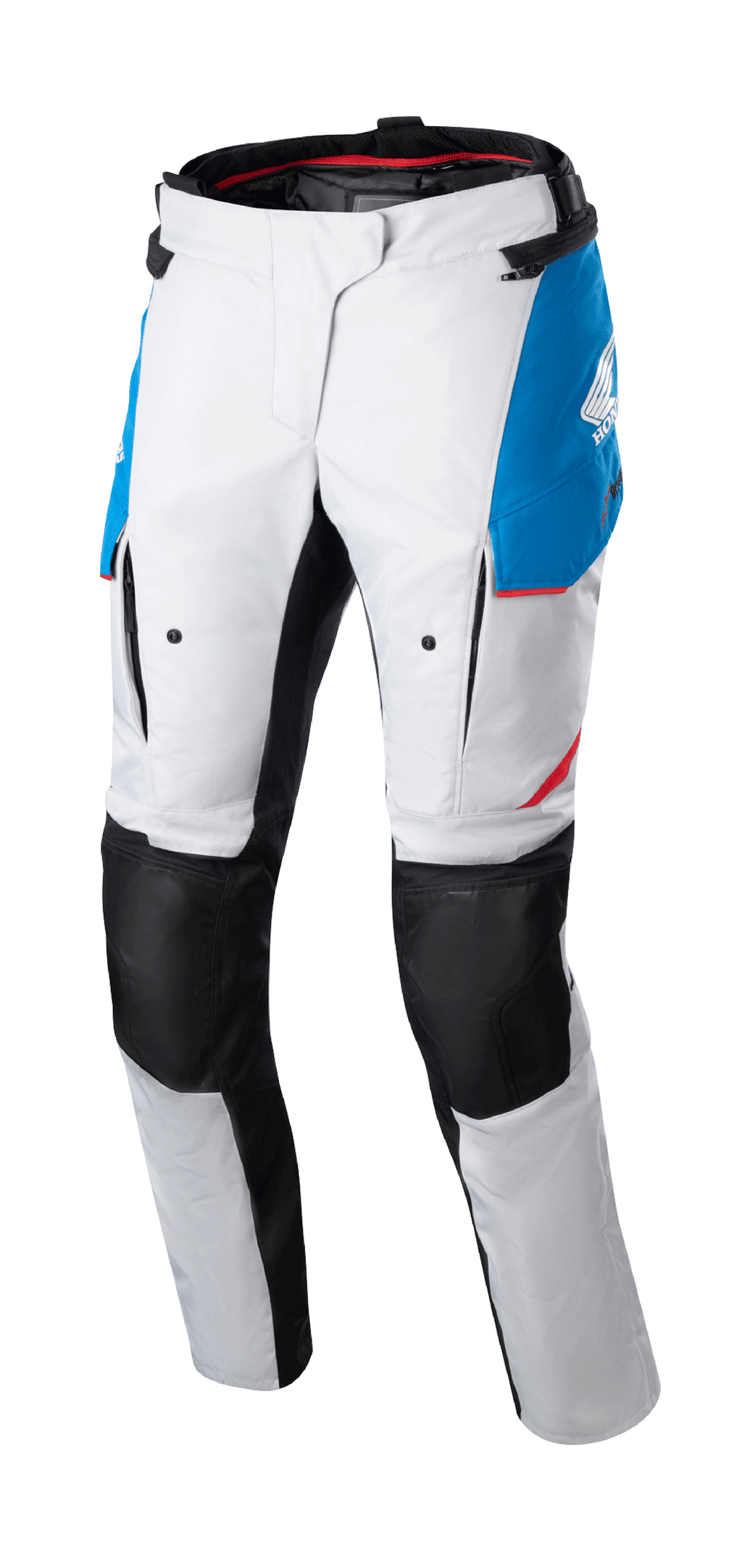 Alpinestars Stella Honda Andes V3 Drystar® bukser til damer, touring-motorcykelbukser, isgrå med blå og klare røde detaljer, sorte forstærkede knæpaneler, cargolommer og Honda-branding, vandtæt adventure-design