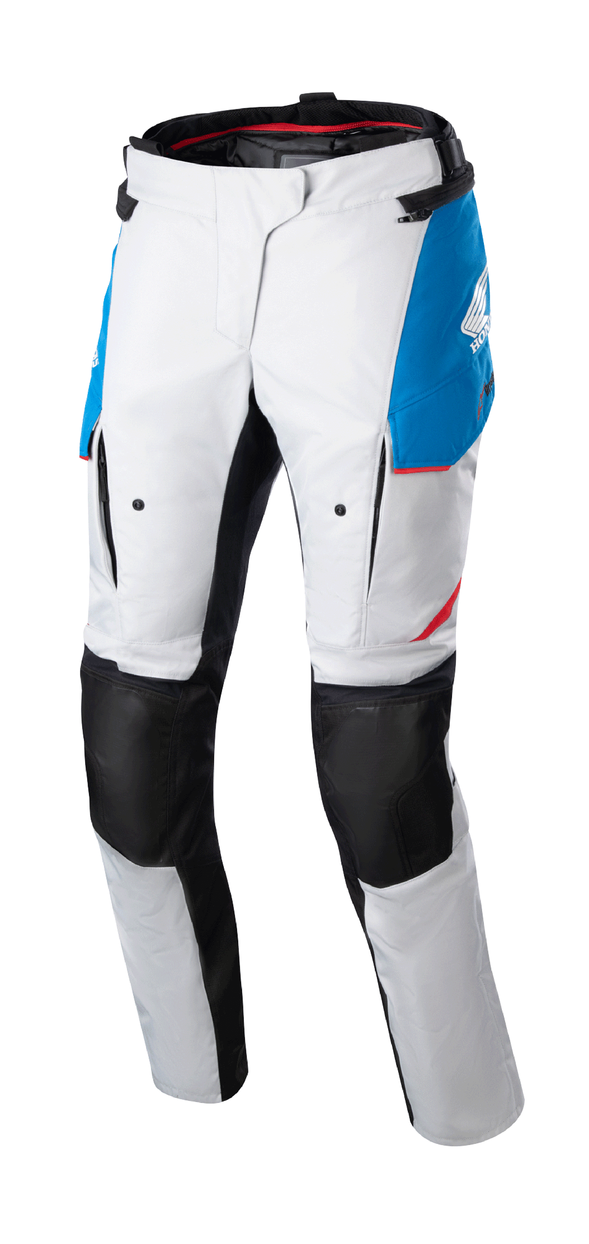 Alpinestars Stella Honda Andes V3 Drystar® bukser til damer, touring-motorcykelbukser, isgrå med blå og klare røde detaljer, sorte forstærkede knæpaneler, cargolommer og Honda-branding, vandtæt adventure-design