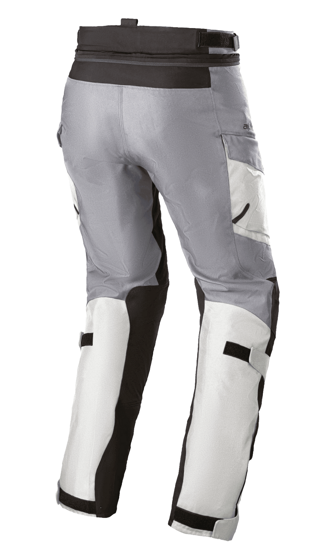 Alpinestars Women's Stella Andes V3 Drystar® Pants, Motorcycle Touring Pants, Ice Gray and Dark Gray, rear three-quarter view showing adjustable waist and calf straps, cargo pockets, and reinforced panels.
