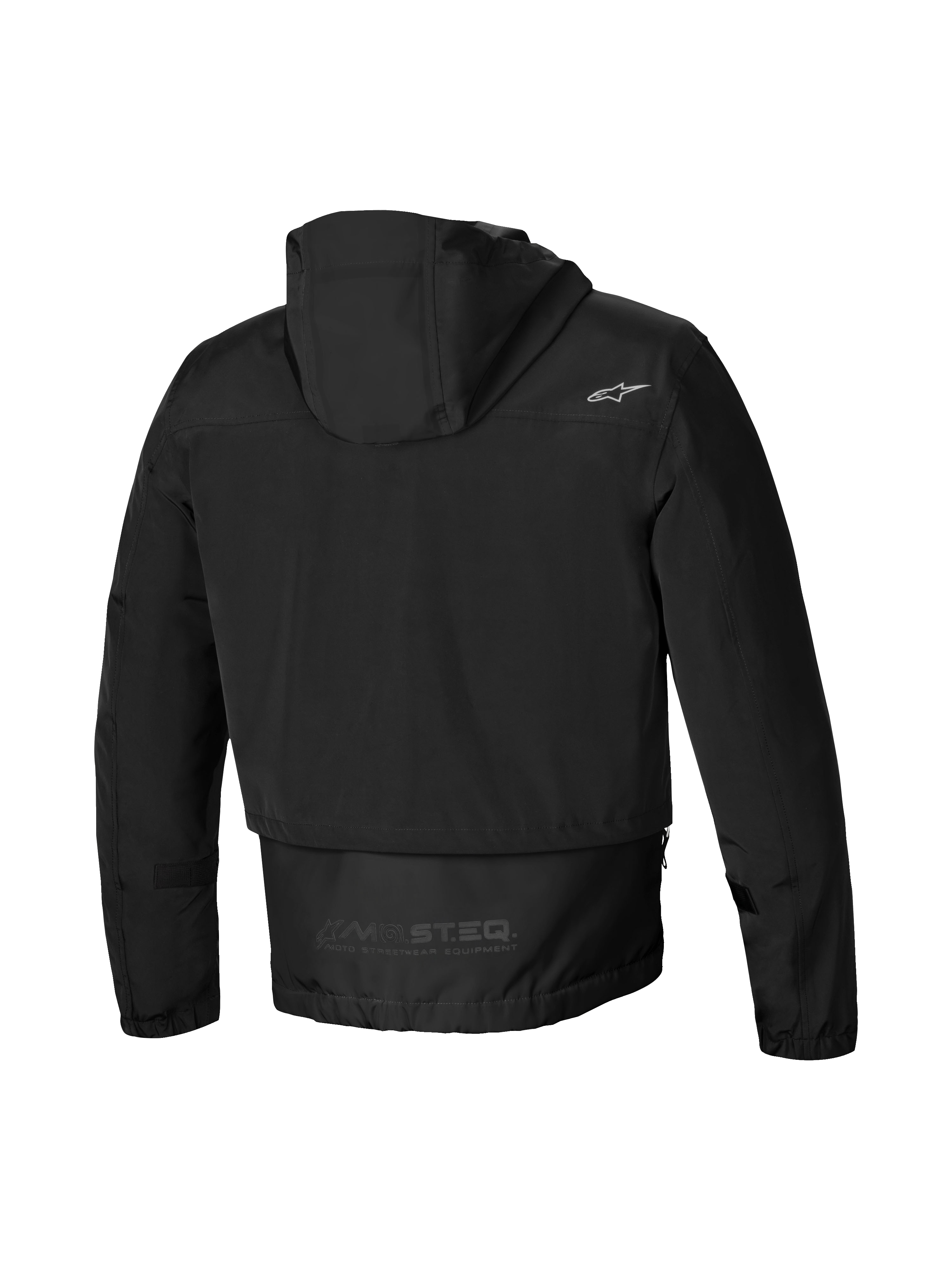 Alpinestars Mootant Vandtæt Parka, herre motorcykeljakke i sort, bagsidevisning med hætte, forlænget rygdækning og MO.ST.EQ. reflekterende ordmærke