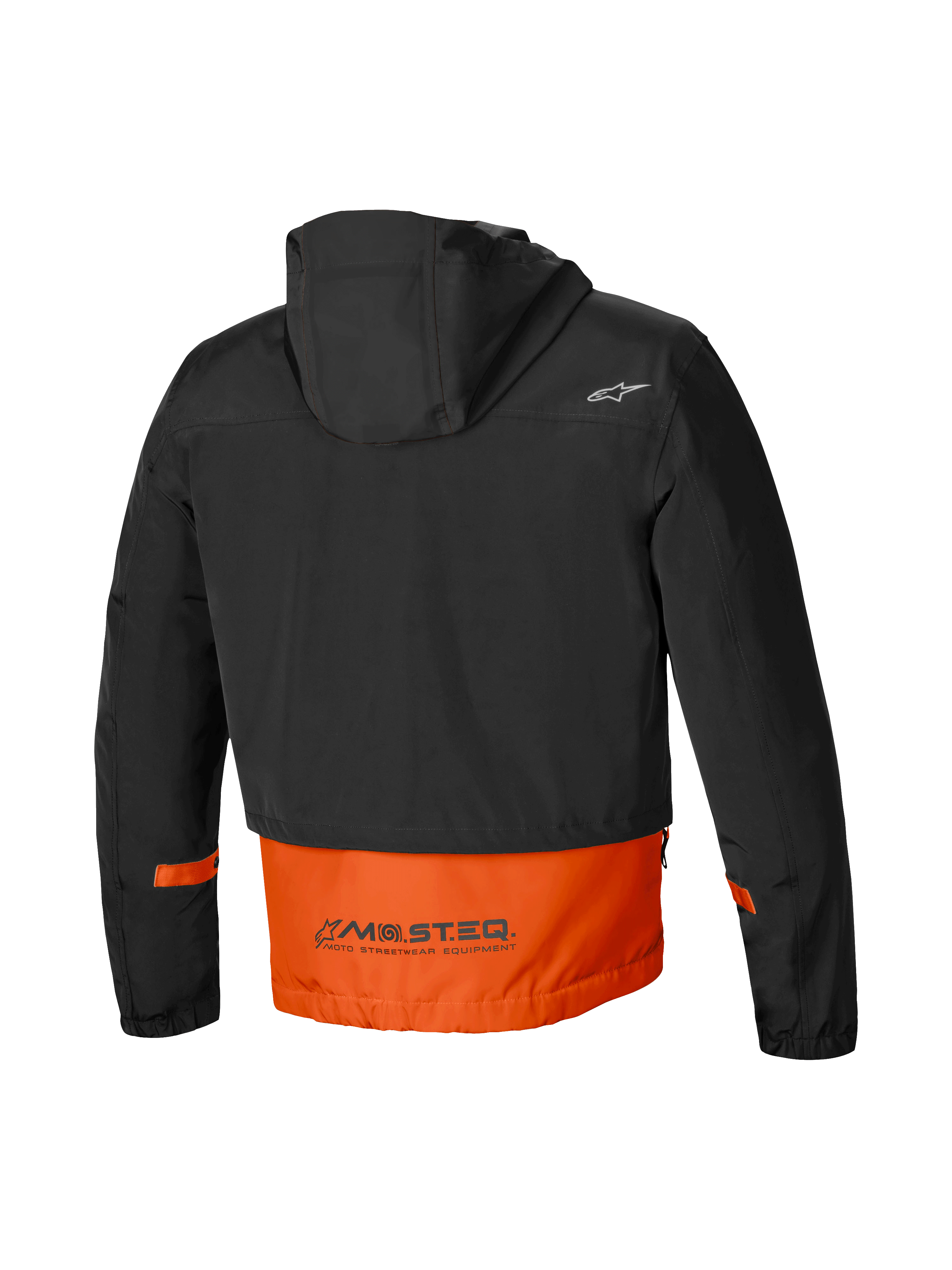 Alpinestars Mootant Waterproof Parka, men's urban motorcycle jacket, rear view showcasing attached hood and MO.ST.EQ. reflective wordmark on orange and black colorway