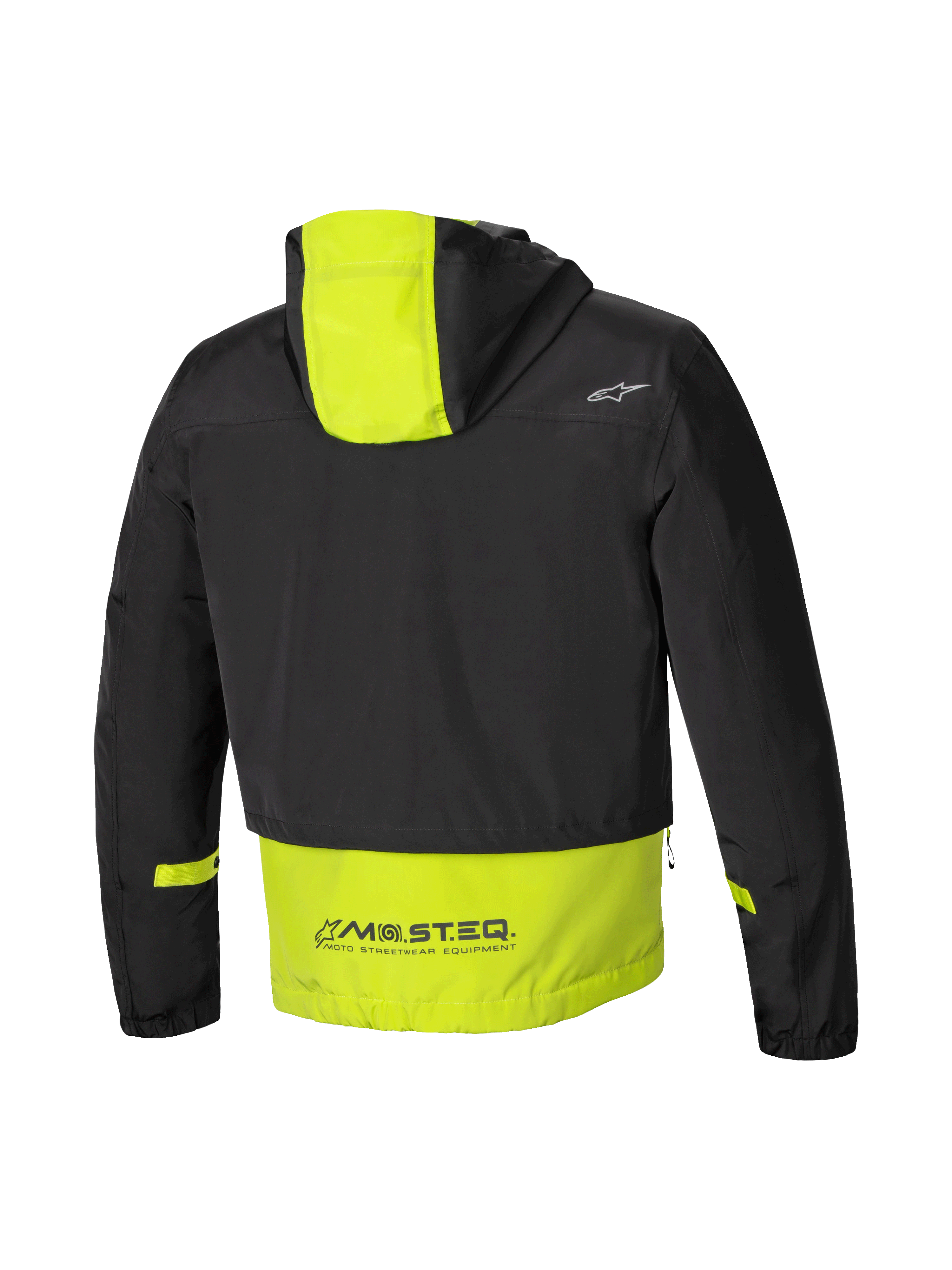 Alpinestars Mootant Waterproof Parka, modular motorcycle jacket, rear view showing hood and MO.ST.EQ. branding, Black and Lime Punch, CE certified