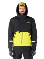 Alpinestars Mootant Vandtæt Parka, Lime Punch Black motorcykeljakke, set forfra, modulært 3-i-1-design med sort overdel og klar limegrøn underdel, med hætte med snoretræk og brystlogo, bæres med sorte bukser og kørehandsker