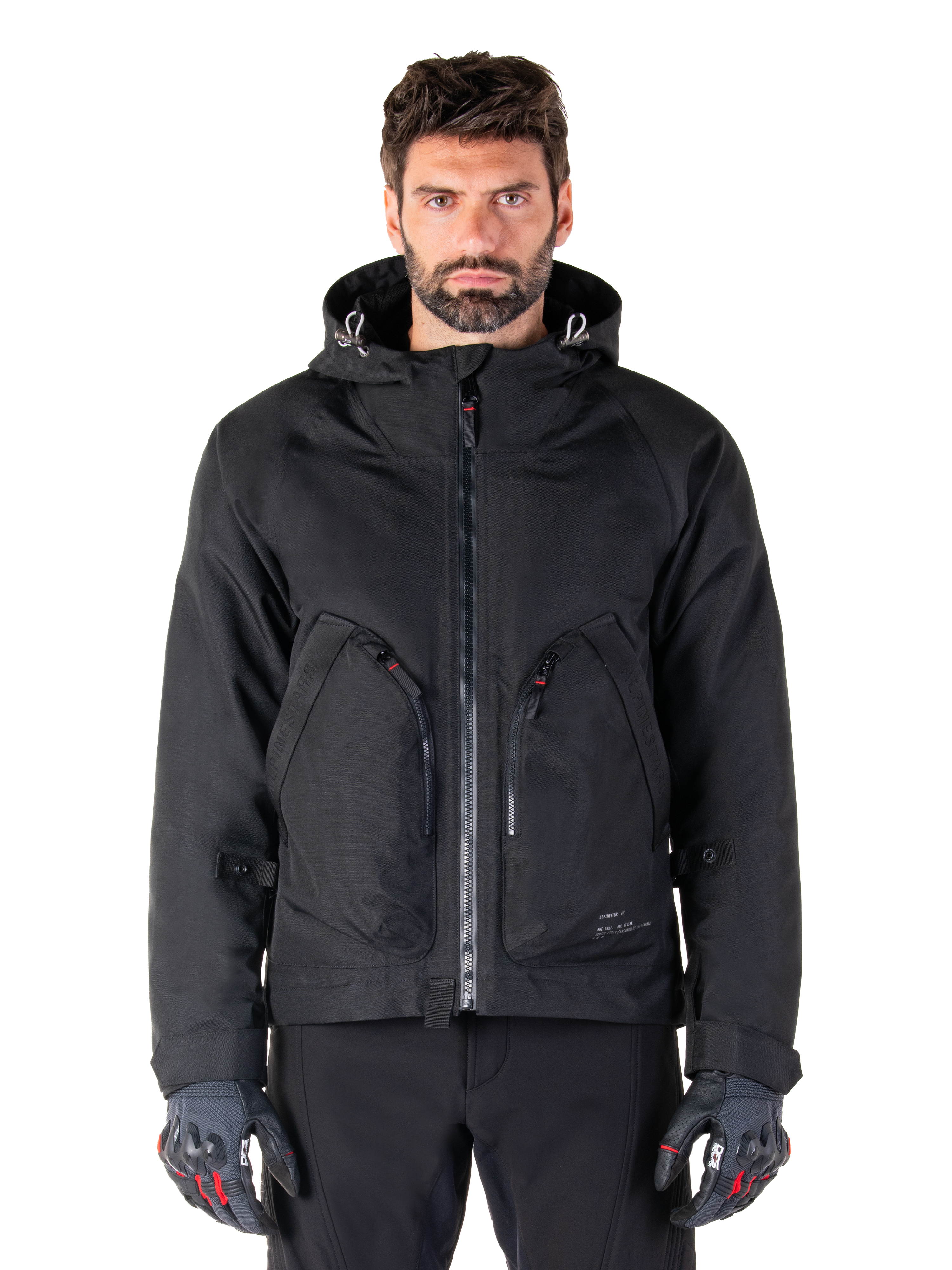 Alpinestars Morush Waterproof Parka, black men's urban motorcycle jacket with a hood and large zippered pockets.