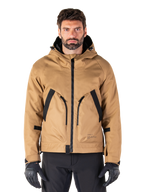 Alpinestars Morush Waterproof Parka, brun og sort motorcykeljakke med hætte, urbant køreudstyr, set forfra med sort lynlås og store vinklede lommer