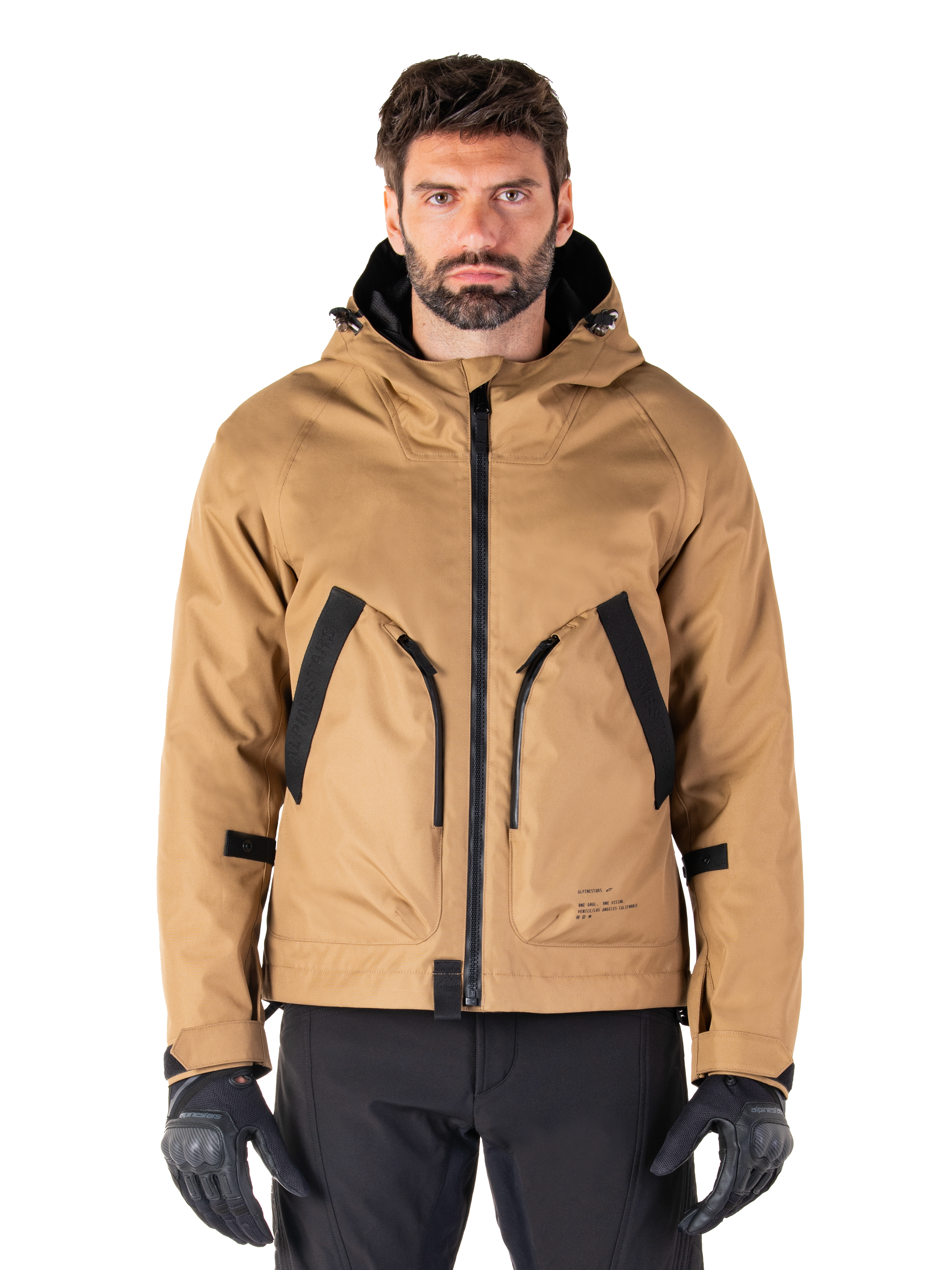 Alpinestars Morush Waterproof Parka, Utility Brown and Black Hooded Motorcycle Jacket, Urban Riding Gear, Front View with Black Zipper and Large Angled Pockets