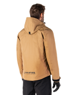 Alpinestars Morush Vandtæt Parka, motorcykeljakke, Utility Brown, set bagfra med fokus på hætte og MO.ST.EQ. reflekterende branding, urban streetwear-inspireret design med moderne funktionalitet til motorcyklister