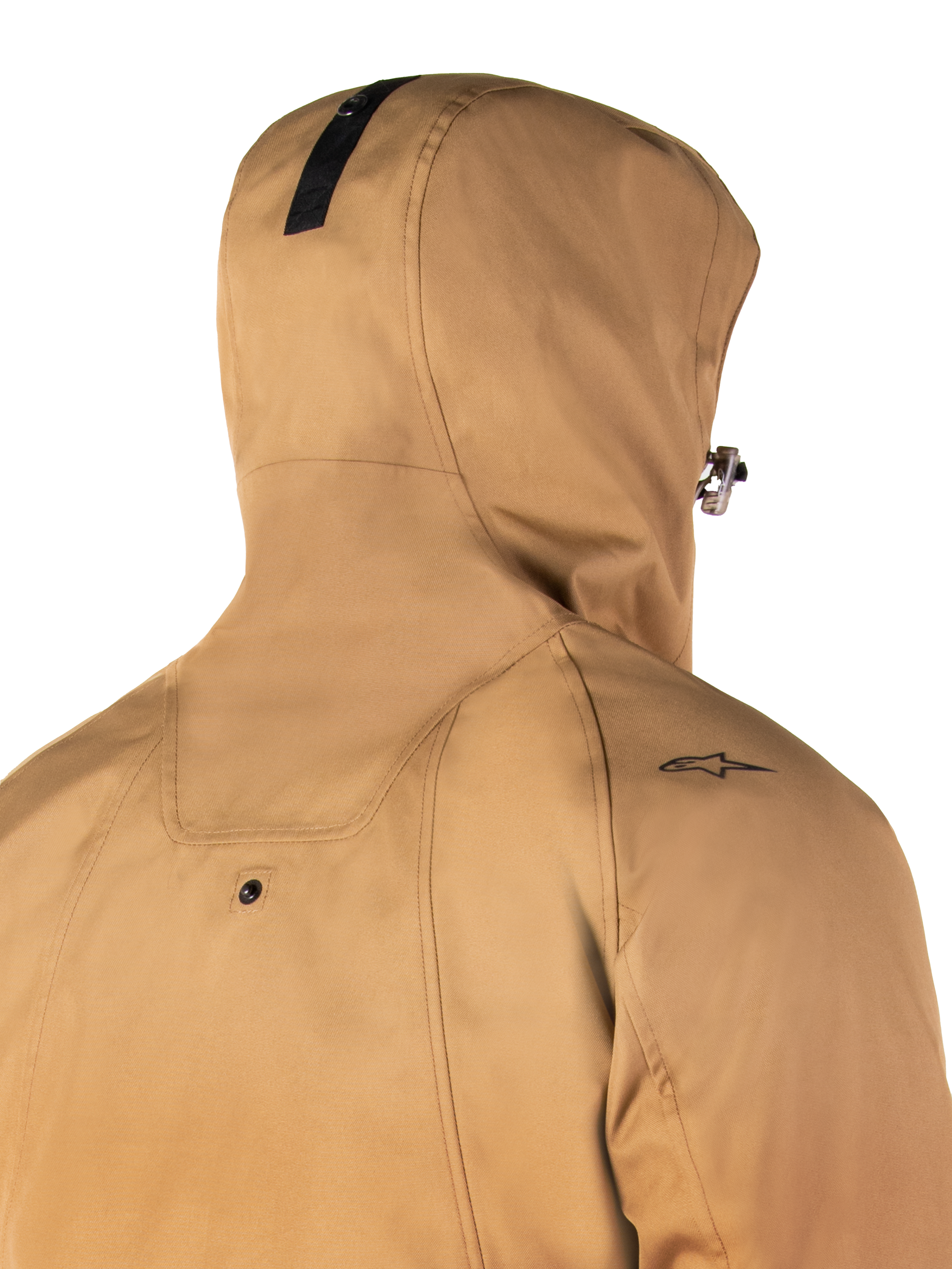 Alpinestars Morush vandtæt parka, Utility Brown, nærbillede af ryggen og hætten, med et lille sort stjernelogo på skulderen og trykknap til fastgørelse af hætten, vandtæt urban motorcykeljakke