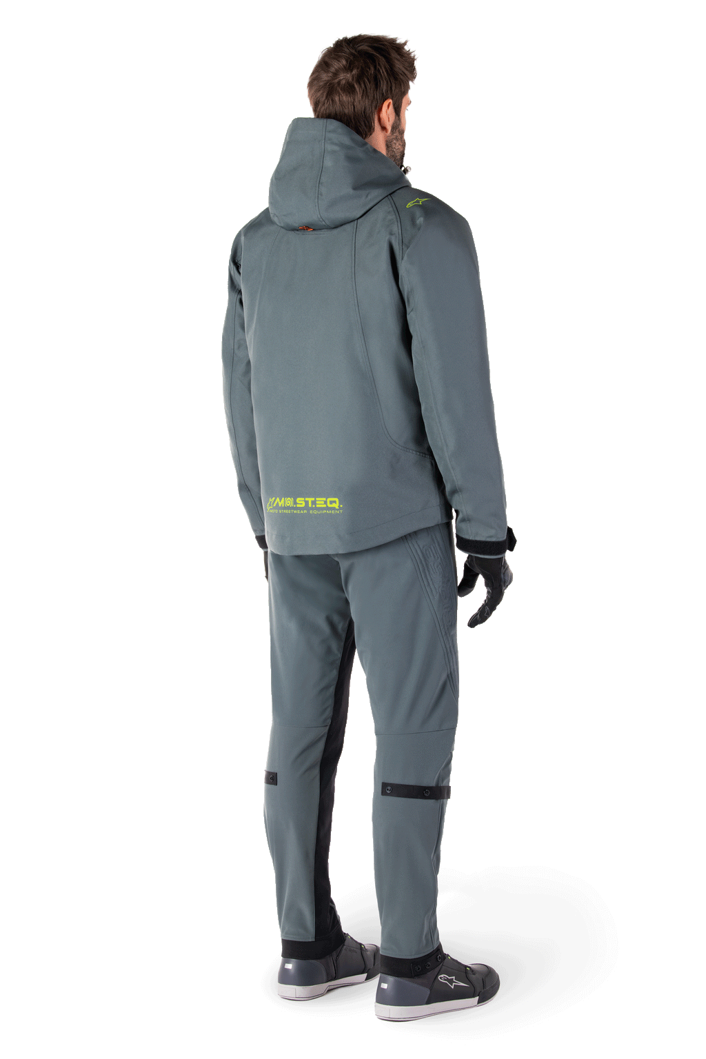 Alpinestars Morush Vandtæt Parka i Urban Gray, lang motorcykeljakke med streetwear-inspireret design, stormsikker hætte, store 3D-lommer foran, reflekterende MO.ST.EQ.-ordmærke på ryggen
