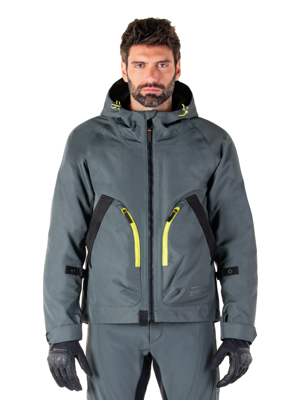 Alpinestars Morush Waterproof Parka, urban grå motorcykeljakke, iøjnefaldende gule lynlåse og sorte detaljer, design med hætte og store frontlommer, teknisk streetwear-inspireret styling