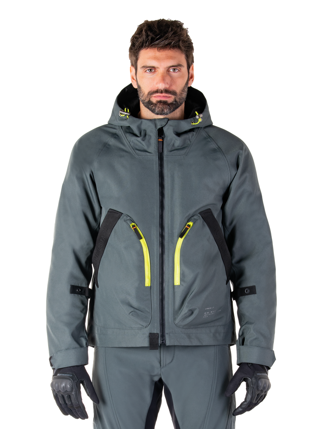 Alpinestars Morush Waterproof Parka, urban grå motorcykeljakke, iøjnefaldende gule lynlåse og sorte detaljer, design med hætte og store frontlommer, teknisk streetwear-inspireret styling