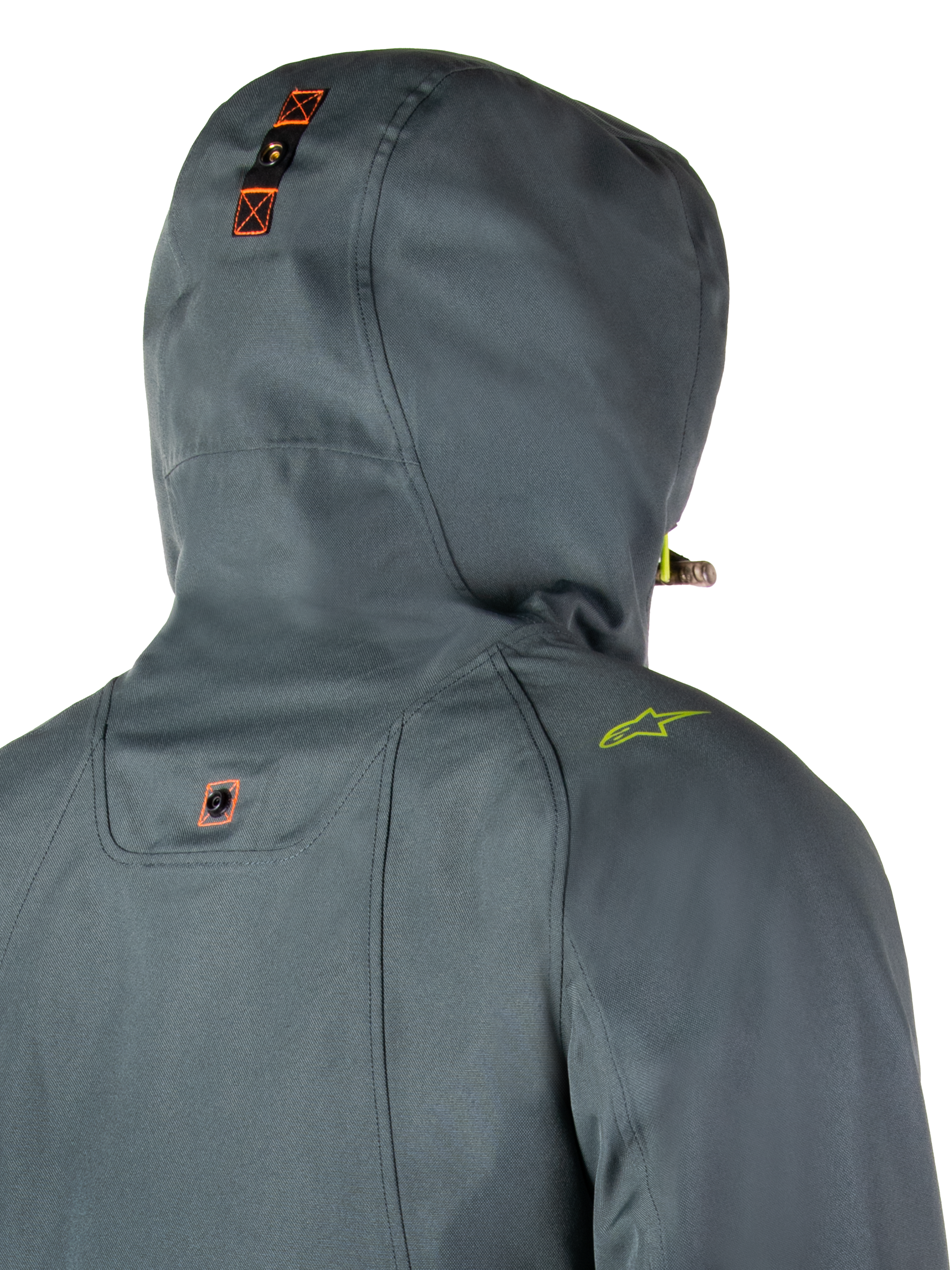 Alpinestars Morush Vandtæt Parka, Urban Gray, detaljeret bagfra-visning af hætte med trykknap-forankringssystem og orange detaljer, limegrønt skulderlogo, vandtæt urban motorcykel streetwear