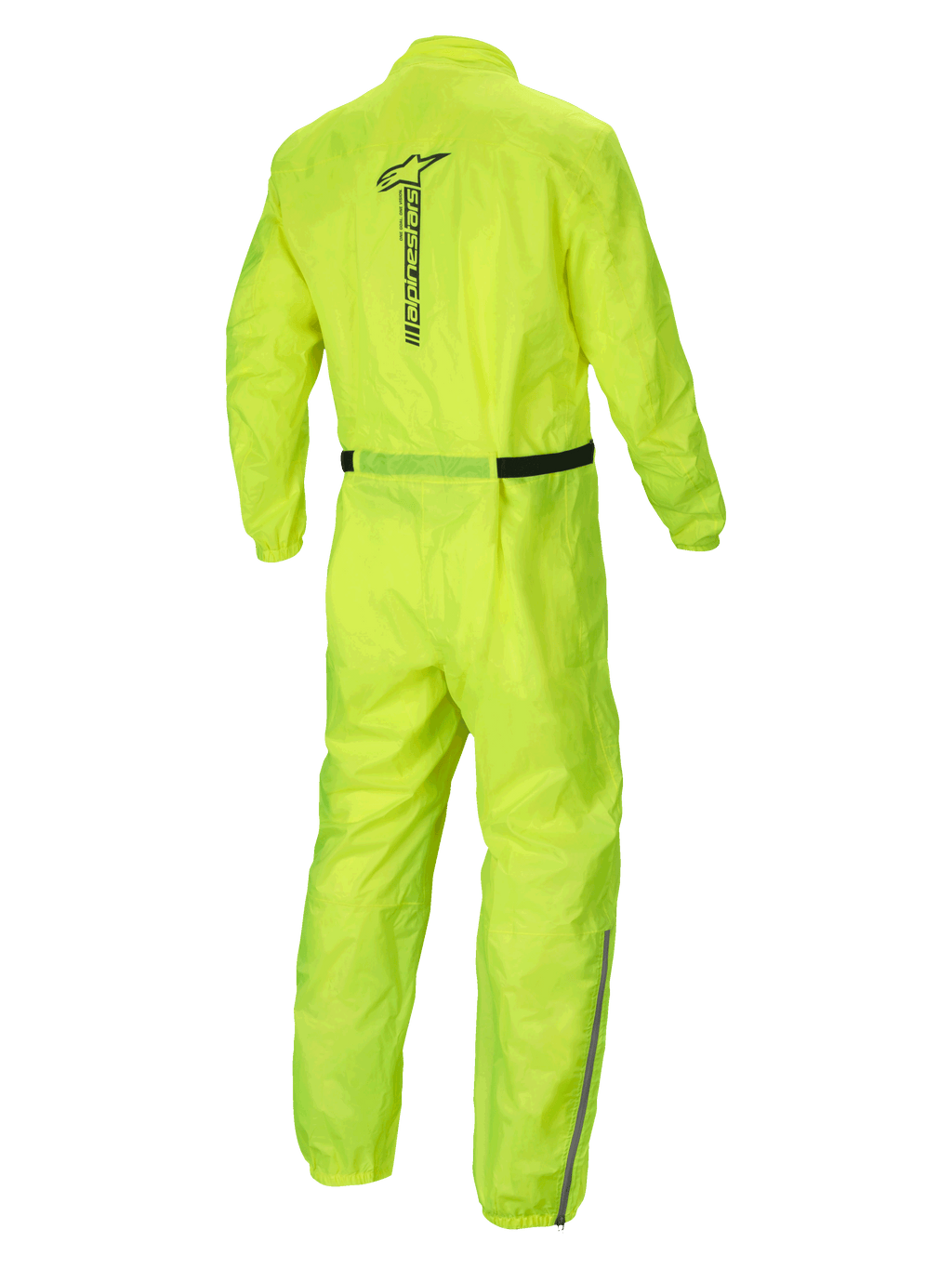 Alpinestars Hurricane Rain V2 regndragt, vandtæt motorcykelregndragt set bagfra, gul fluo, med reflekterende Alpinestars-ordmærke og let tekstilkonstruktion