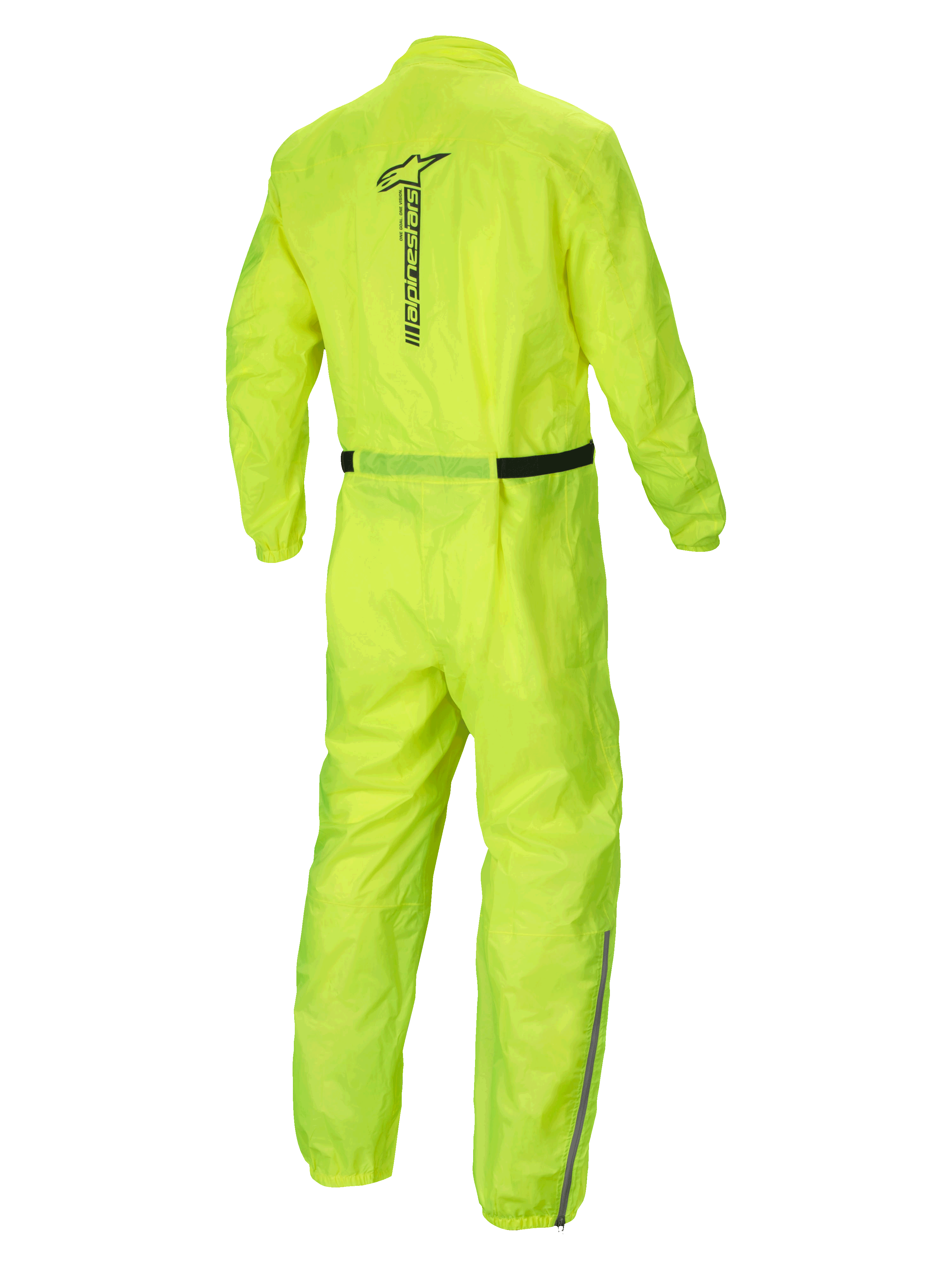 Alpinestars Hurricane Rain V2 regndragt, vandtæt motorcykelregndragt set bagfra, gul fluo, med reflekterende Alpinestars-ordmærke og let tekstilkonstruktion