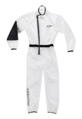 Alpinestars Youth Kart Rain Suit, gennemsigtig vandtæt overdragt, klar med sorte detaljer, forstærket sort panel på højre albue, asymmetrisk lynlås, elastik i talje og manchetter, Alpinestars-logoer på bryst og underben, specialudstyr til karting i vådt vejr