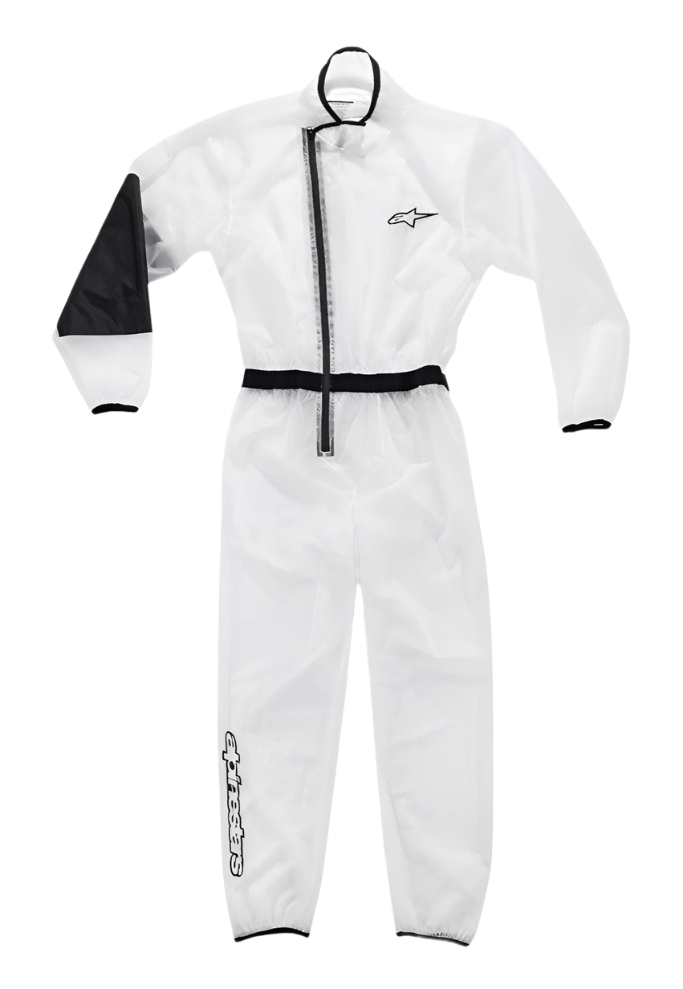Alpinestars Youth Kart Rain Suit, gennemsigtig vandtæt overdragt, klar med sorte detaljer, forstærket sort panel på højre albue, asymmetrisk lynlås, elastik i talje og manchetter, Alpinestars-logoer på bryst og underben, specialudstyr til karting i vådt vejr