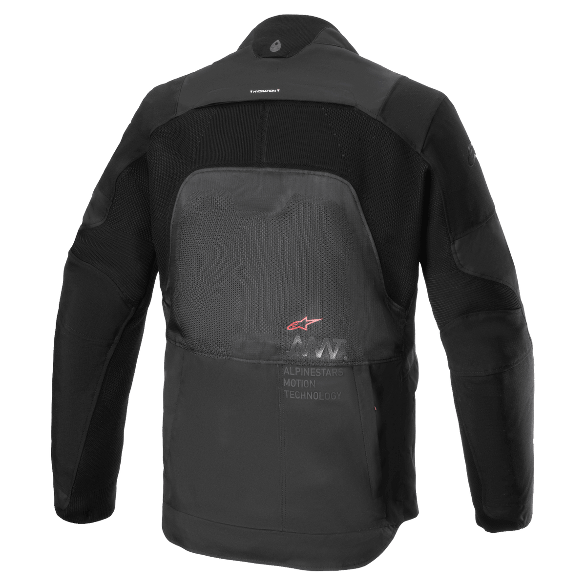 Alpinestars AMT-7 Air Jacket, motorcykeljakke, Black Dark Shadow, set bagfra med MATRYX-ventilationspaneler på ryggen, CORDURA Ripstop på skuldrene og armene og Alpinestars Motion Technology-branding.