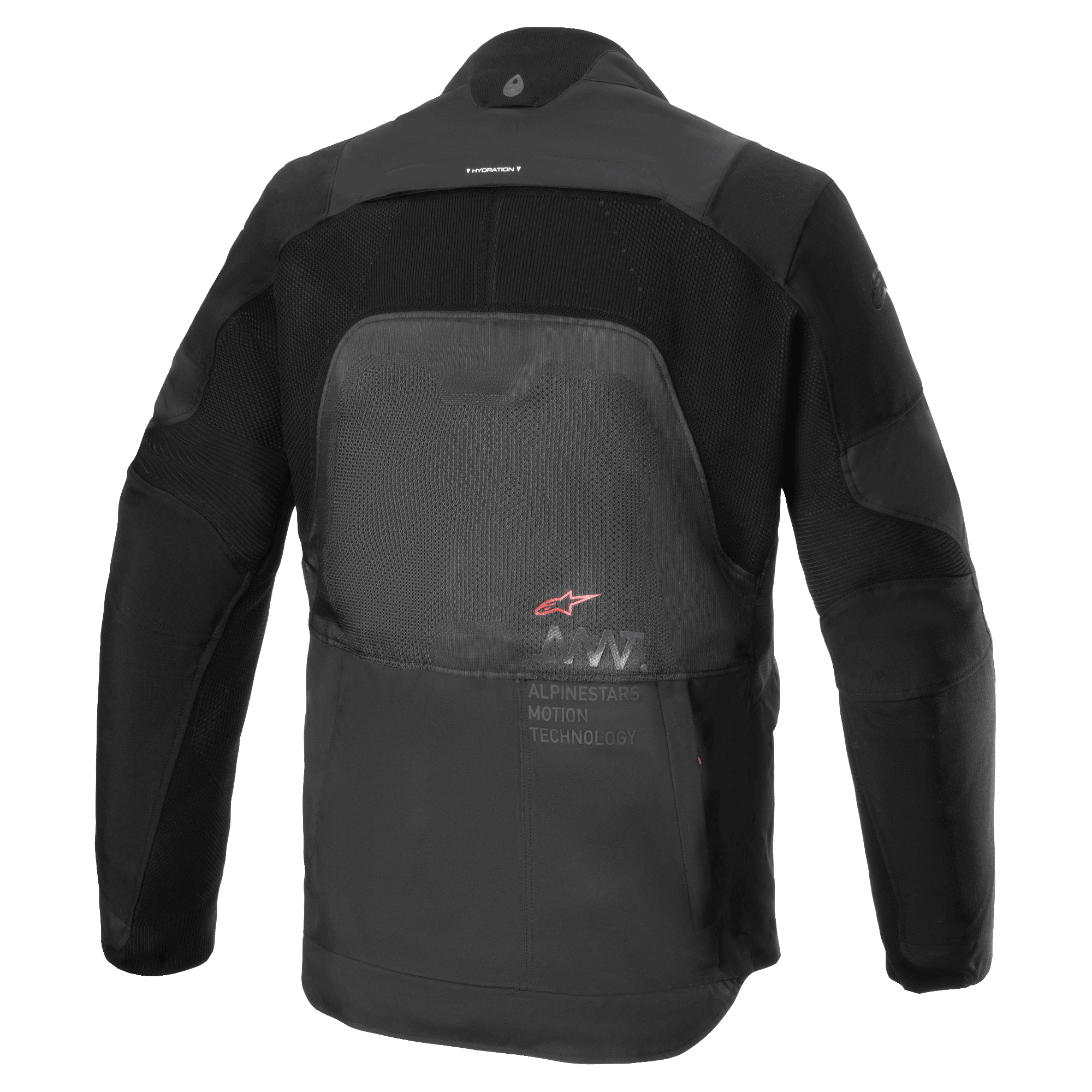 Alpinestars AMT-7 Air Jacket, motorcykeljakke, Black Dark Shadow, set bagfra med MATRYX-ventilationspaneler på ryggen, CORDURA Ripstop på skuldrene og armene og Alpinestars Motion Technology-branding.
