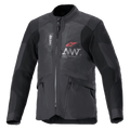 Alpinestars AMT-7 Air jakke, motorcykeljakke, sort og Dark Shadow, MATRYX mesh-ventilationspaneler på brystet, rødt stjernelogo med sølvfarvet AMT-branding, front-cargolommer med lynlås, tekstildesign til adventure- og road touring
