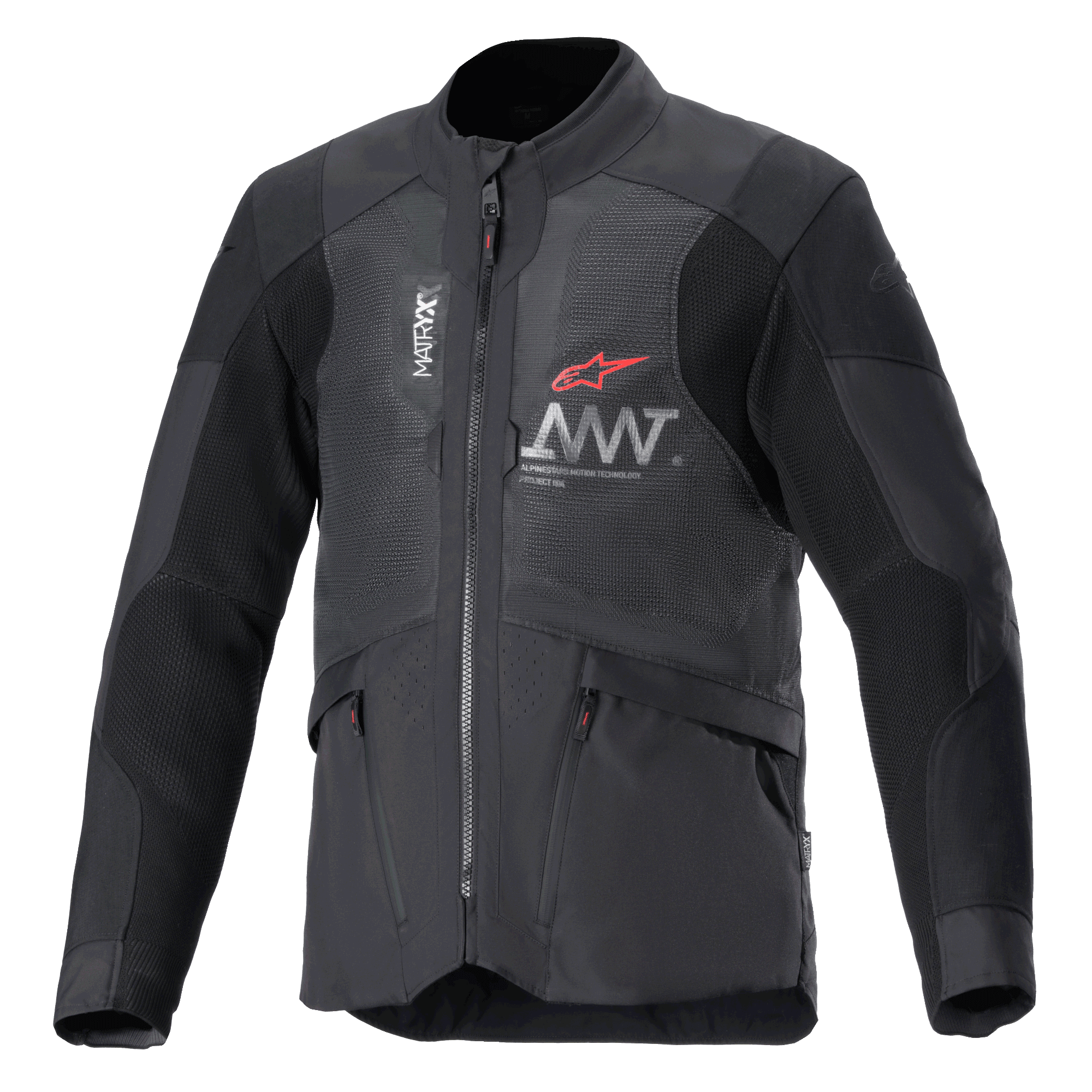Alpinestars AMT-7 Air jakke, motorcykeljakke, sort og Dark Shadow, MATRYX mesh-ventilationspaneler på brystet, rødt stjernelogo med sølvfarvet AMT-branding, front-cargolommer med lynlås, tekstildesign til adventure- og road touring