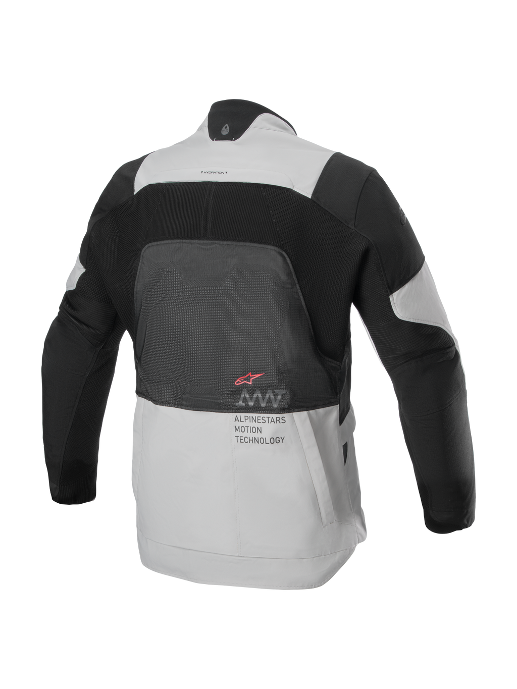 Alpinestars AMT-7 Air-jakke, set bagfra, Tan og Dark Shadow, teknisk motorcykeljakke med stort MATRYX®-meshpanel på ryggen, 'Alpinestars Motion Technology'-tekst og rødt logo, designet til sommer-adventure-touring