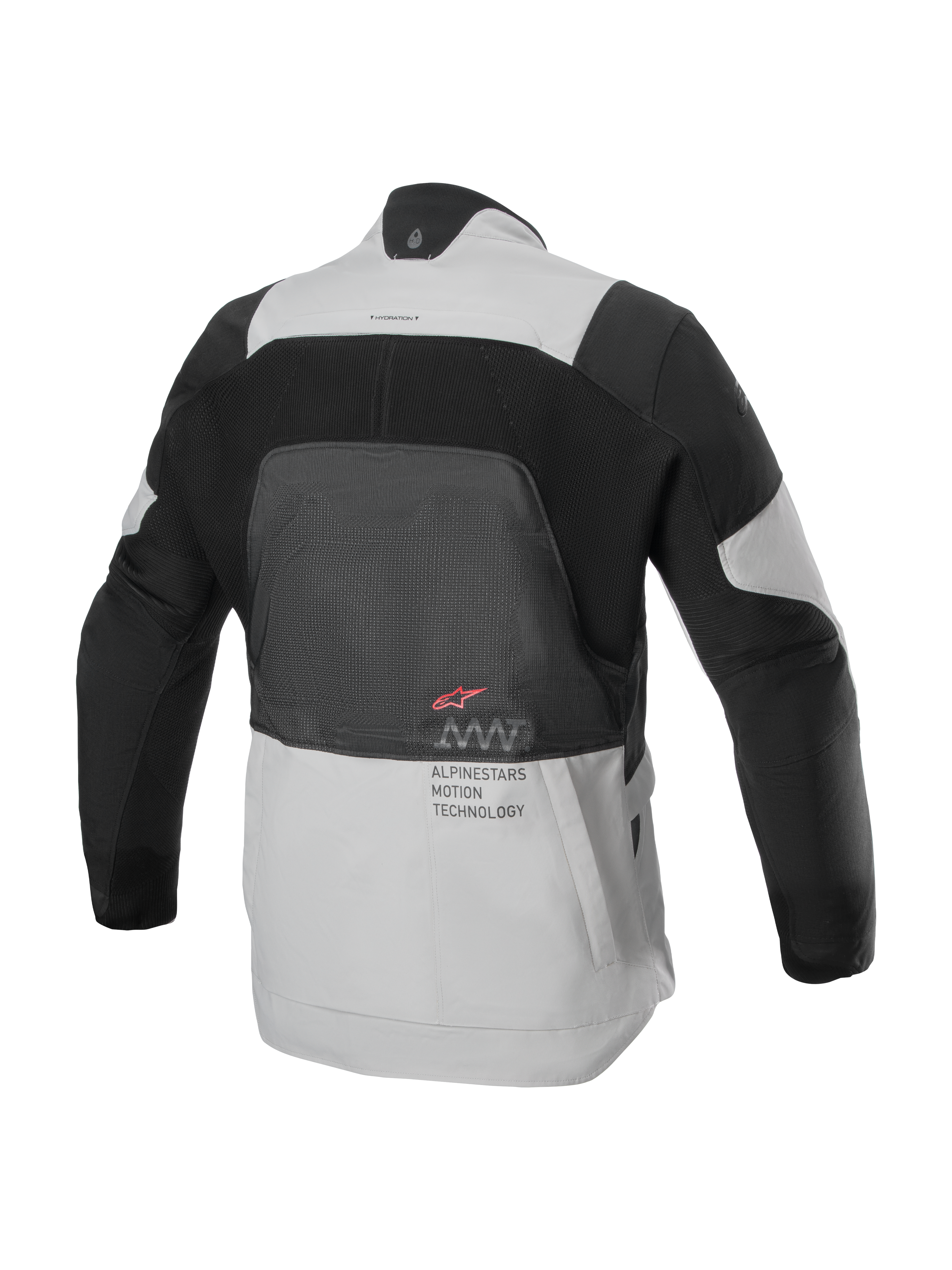 Alpinestars AMT-7 Air-jakke, set bagfra, Tan og Dark Shadow, teknisk motorcykeljakke med stort MATRYX®-meshpanel på ryggen, 'Alpinestars Motion Technology'-tekst og rødt logo, designet til sommer-adventure-touring