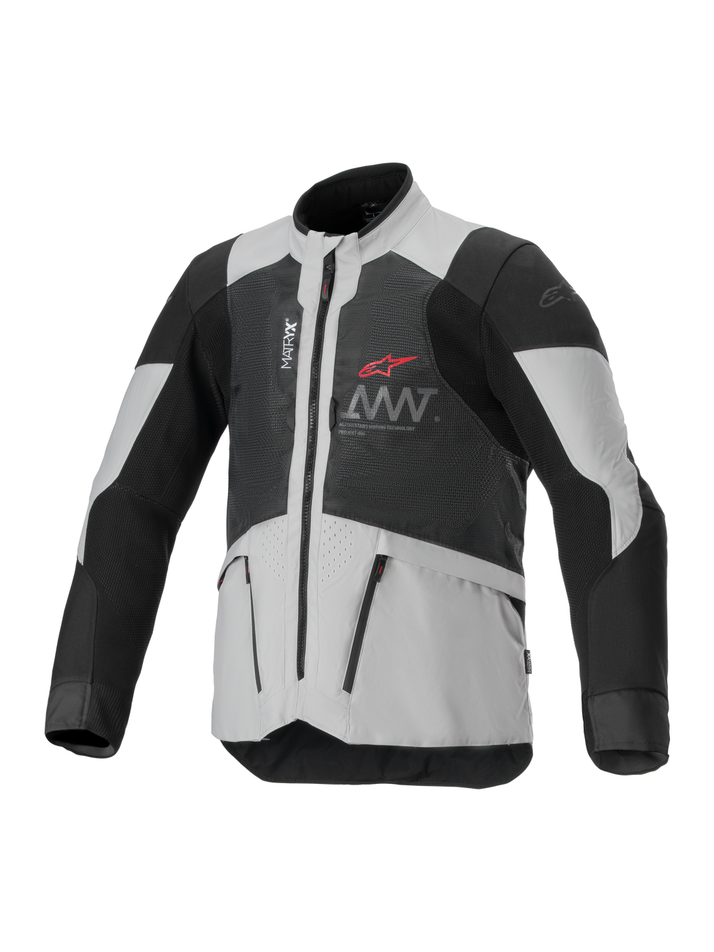 Alpinestars AMT-7 Air Jacket, ventileret motorcykeljakke, sort og hvid, med MATRYX-ventilationspaneler, lynlåslommer og høj krave, sporty design med rødt Alpinestars-logo