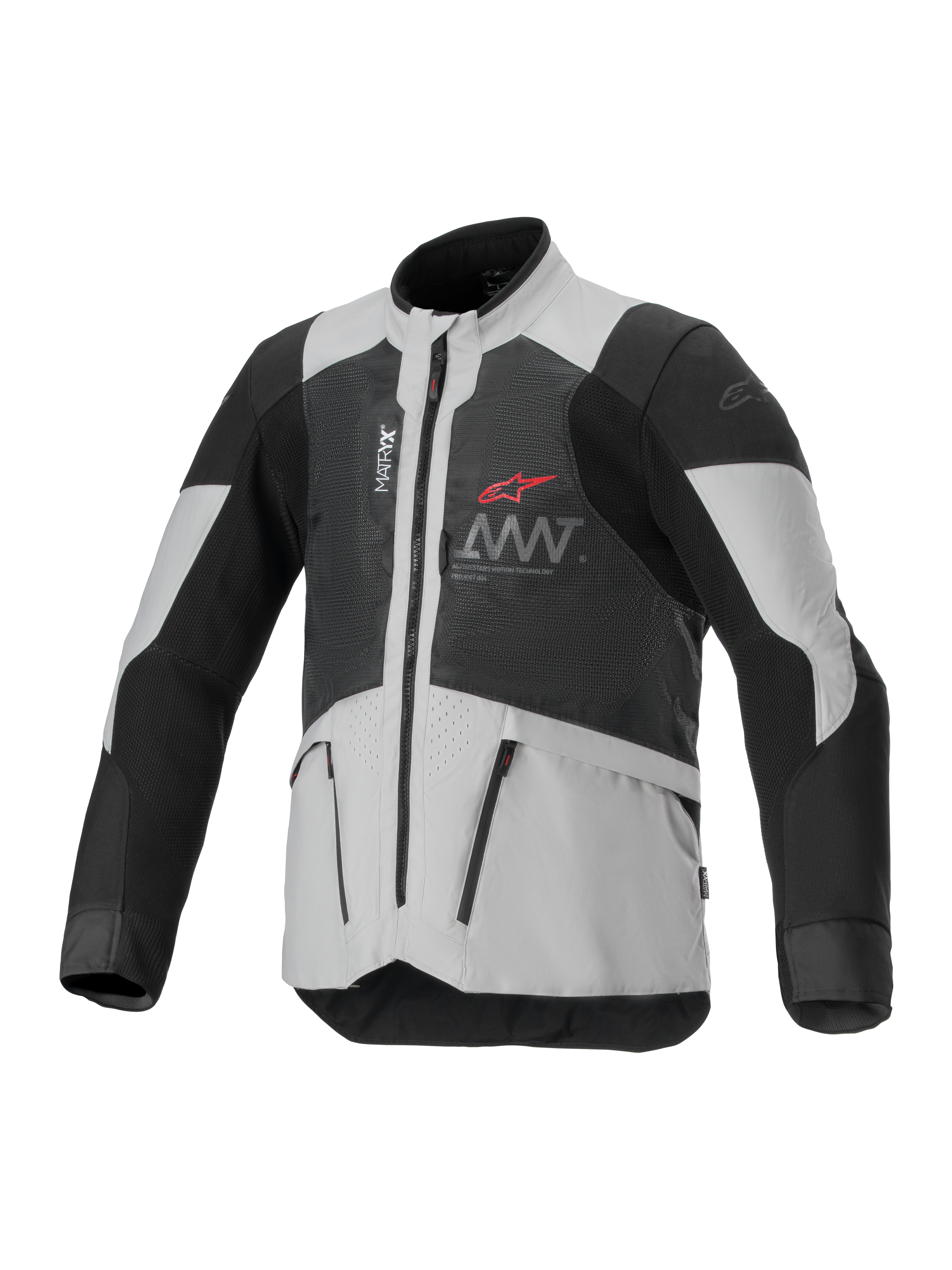 Alpinestars AMT-7 Air Jacket, ventileret motorcykeljakke, sort og hvid, med MATRYX-ventilationspaneler, lynlåslommer og høj krave, sporty design med rødt Alpinestars-logo