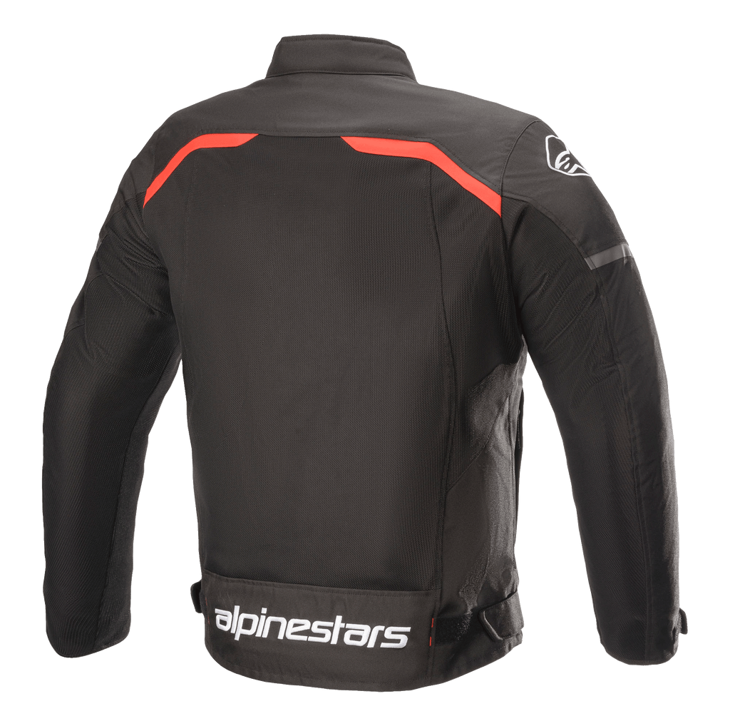 Alpinestars T-SPS Superair Jakke, tekstil motorcykeljakke, sort med stærke røde detaljer, set bagfra med store mesh-ventilationspaneler, røde kantbånd over skuldrene og tydeligt hvidt Alpinestars-logo nederst på ryggen.