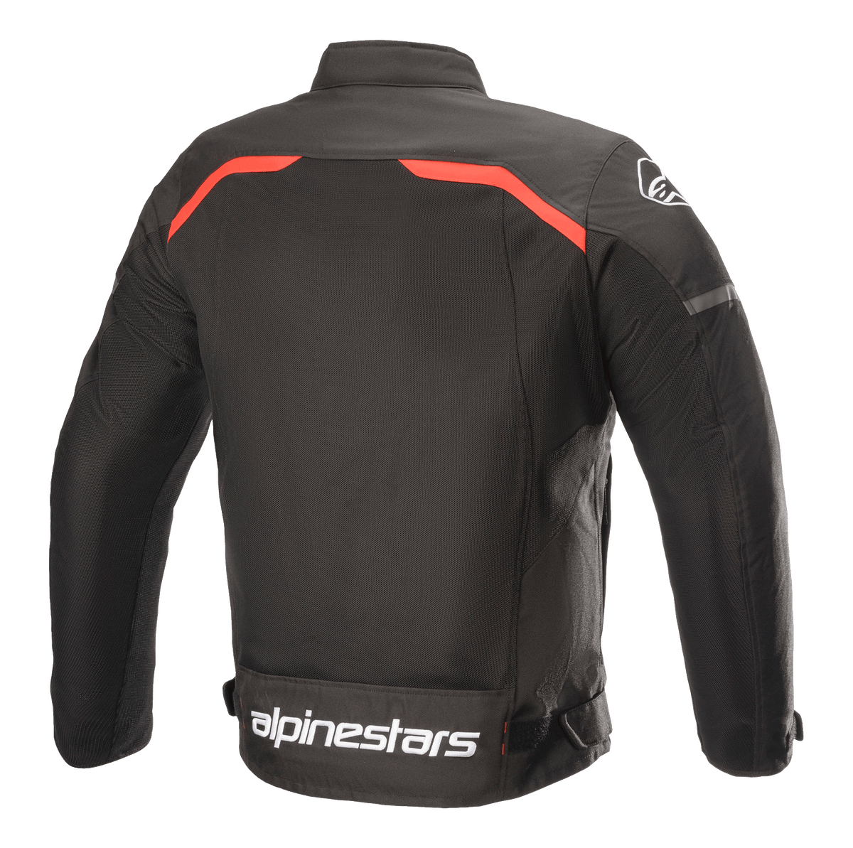 Alpinestars T-SPS Superair Jakke, tekstil motorcykeljakke, sort med stærke røde detaljer, set bagfra med store mesh-ventilationspaneler, røde kantbånd over skuldrene og tydeligt hvidt Alpinestars-logo nederst på ryggen.