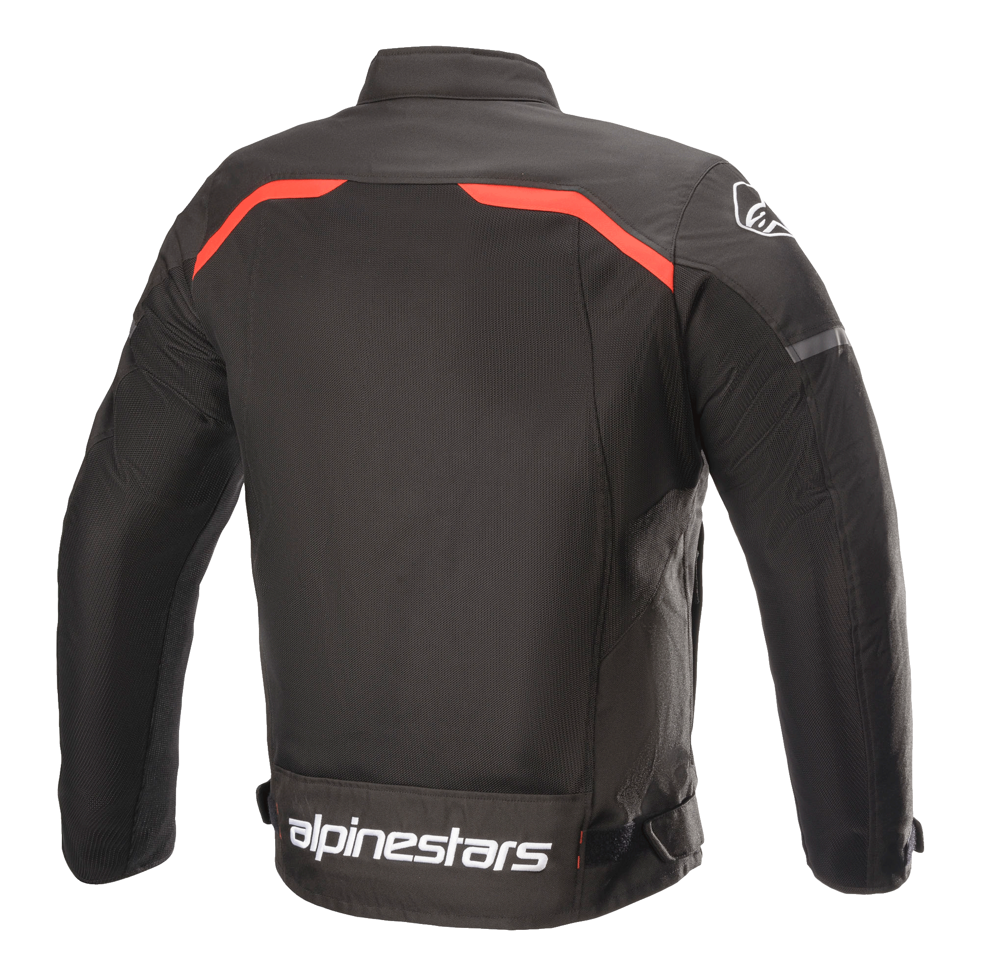 Alpinestars T-SPS Superair Jakke, tekstil motorcykeljakke, sort med stærke røde detaljer, set bagfra med store mesh-ventilationspaneler, røde kantbånd over skuldrene og tydeligt hvidt Alpinestars-logo nederst på ryggen.