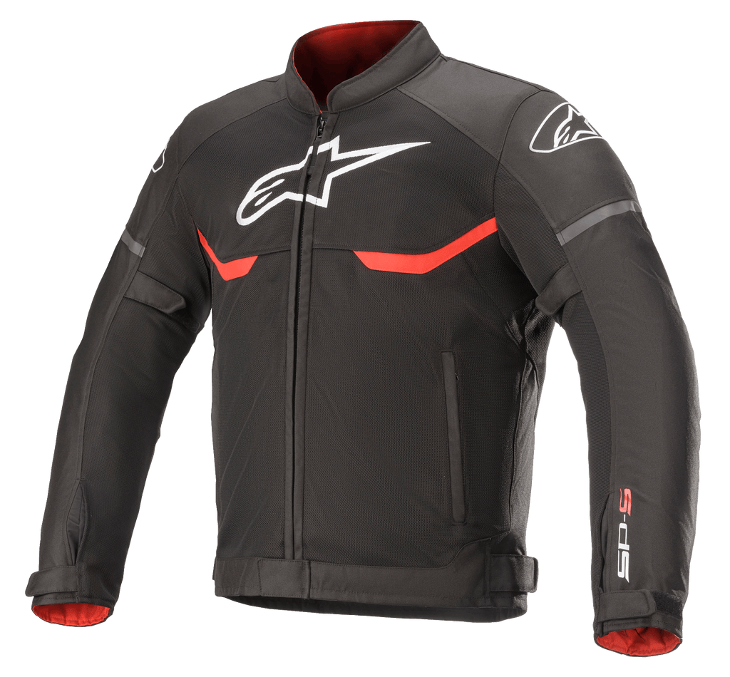 Alpinestars T-SPS Superair-jakke, tekstilmotorcykeljakke, sort med klare røde og hvide accenter, mesh-ventilationspaneler, hvidt Astars-logo på brystet og skuldrene, rødt indvendigt for