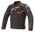 Alpinestars T-SPS Superair-jakke, tekstilmotorcykeljakke, sort med klare røde og hvide accenter, mesh-ventilationspaneler, hvidt Astars-logo på brystet og skuldrene, rødt indvendigt for