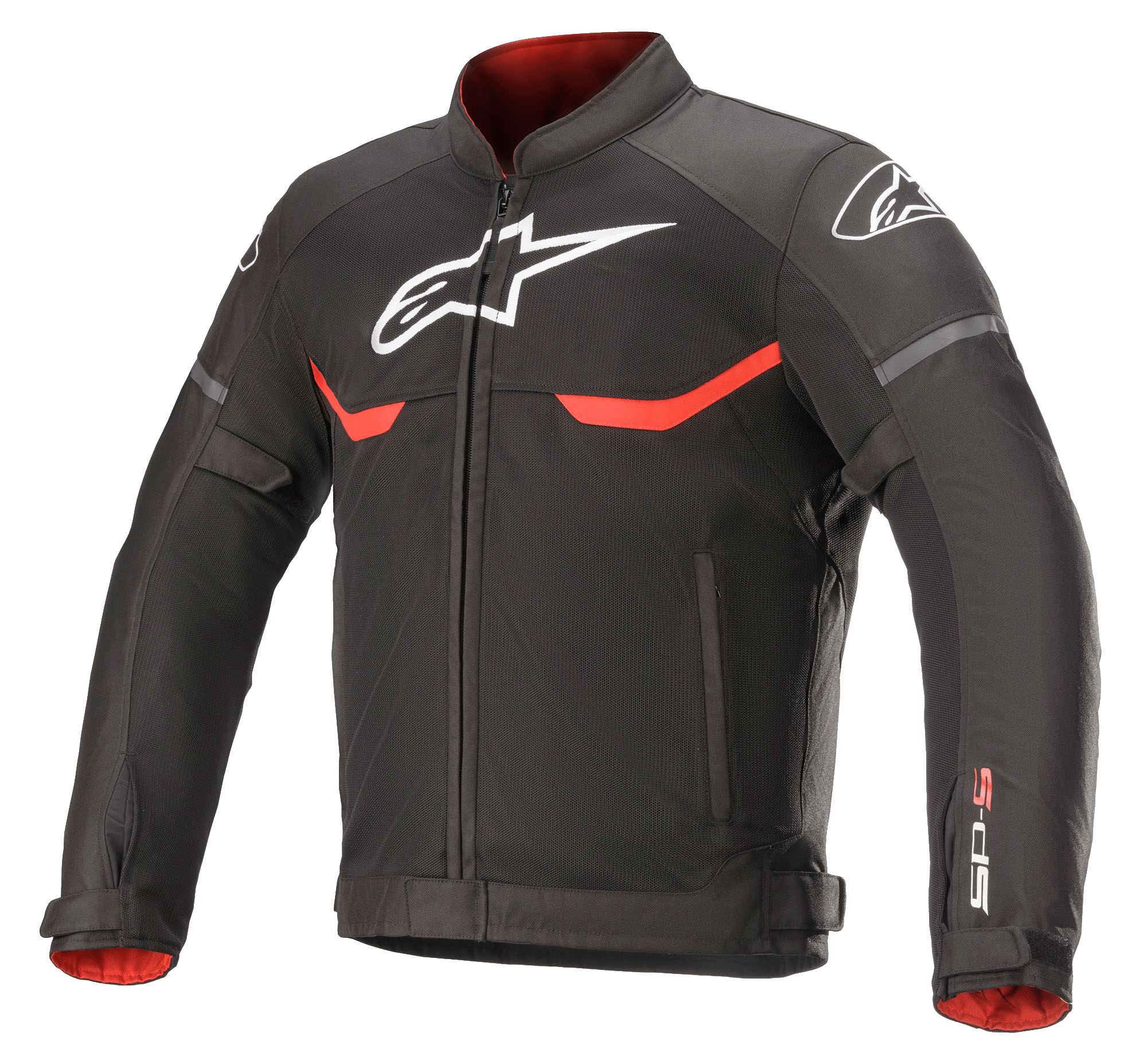 Alpinestars T-SPS Superair-jakke, tekstilmotorcykeljakke, sort med klare røde og hvide accenter, mesh-ventilationspaneler, hvidt Astars-logo på brystet og skuldrene, rødt indvendigt for