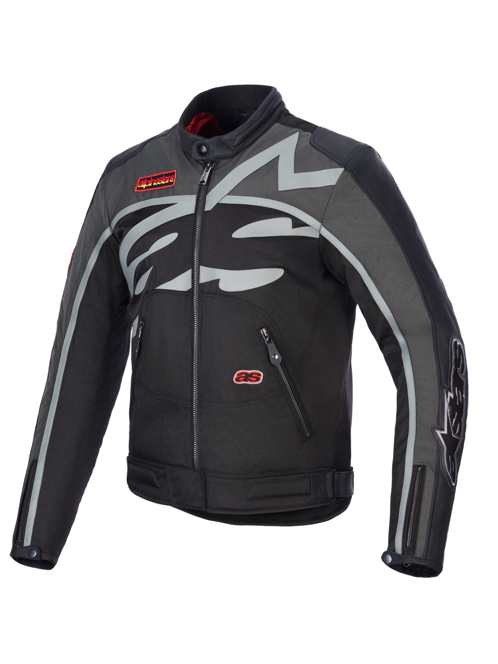 Alpinestars Axton-jakke, motorcykeljakke, sort, antracitgrå, rød og orange, med et stort gråt kropsomsluttende logo på brystet, røde mærkede patches, tekstil- og læderkonstruktion, vintage racing-inspireret design til by- og landevejskørsel