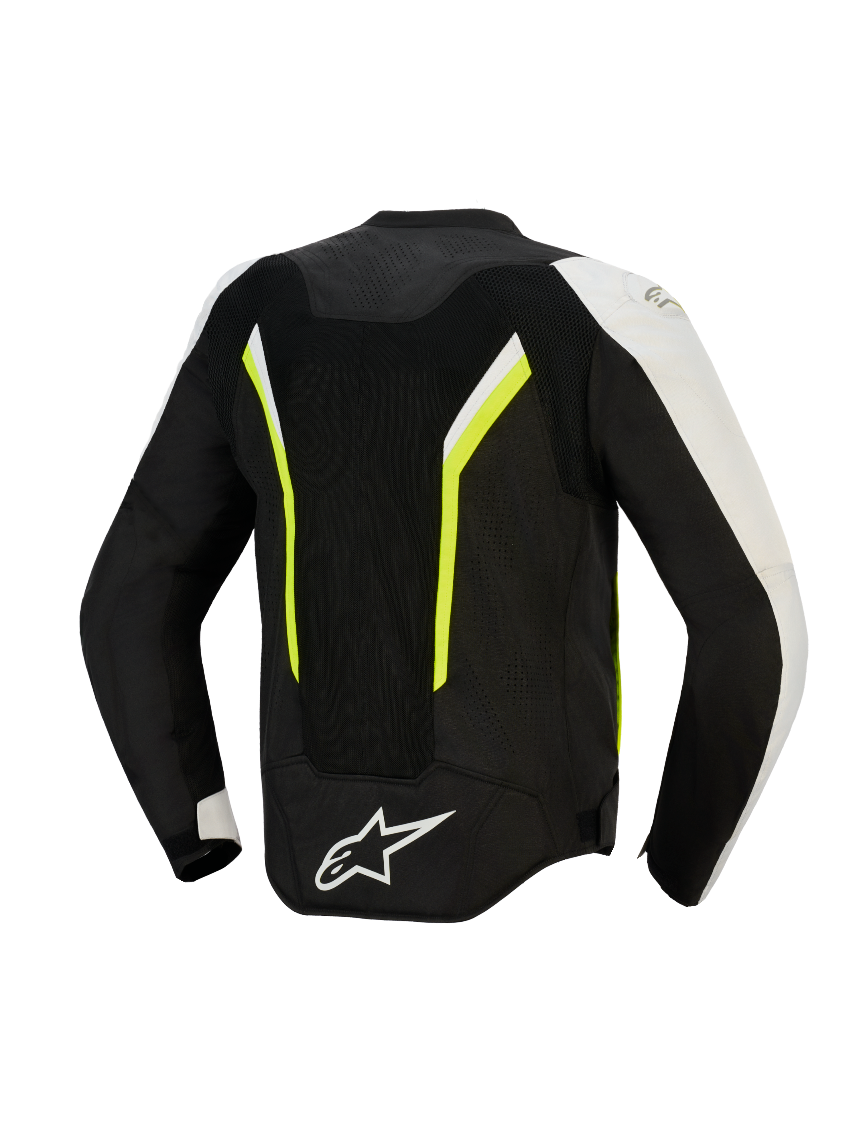 Alpinestars AST V3 Air Jacket, Rear View, Black Silver and Yellow Fluo, textile motorcycle jacket with large mesh panels for airflow, fluorescent accents, and white logo on lower back