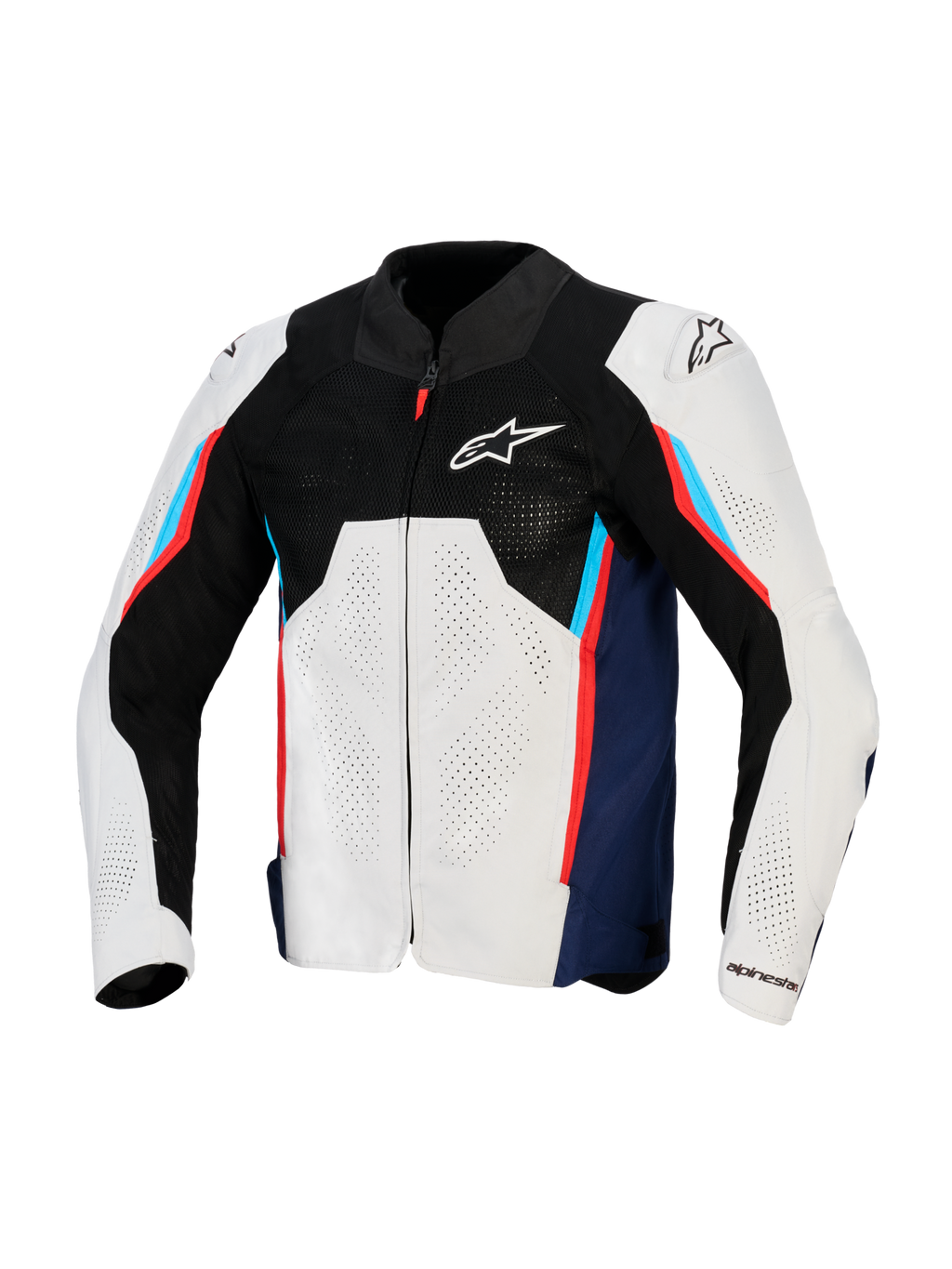 Alpinestars AST V3 Air Jakke, motorcykel racingjakke, sølv, mørkeblå og klar rød, set forfra med sort tech mesh øverst, laserperforerede tekstilpaneler og eksterne DFS-skulderskydere, sport-pasform design til varmt vejr.