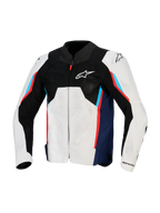 Alpinestars AST V3 Air Jakke, motorcykel racingjakke, sølv, mørkeblå og klar rød, set forfra med sort tech mesh øverst, laserperforerede tekstilpaneler og eksterne DFS-skulderskydere, sport-pasform design til varmt vejr.