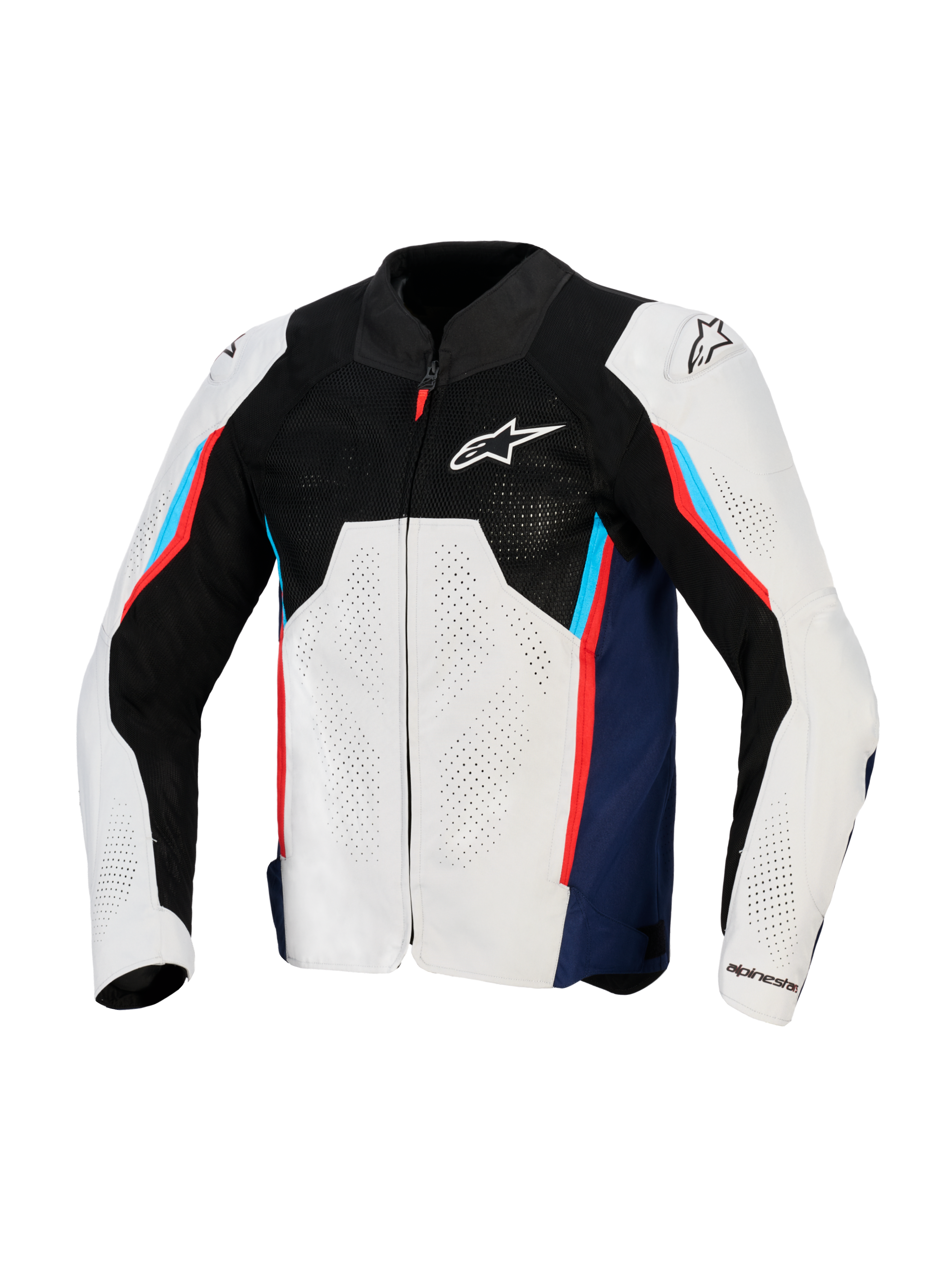 Alpinestars AST V3 Air Jakke, motorcykel racingjakke, sølv, mørkeblå og klar rød, set forfra med sort tech mesh øverst, laserperforerede tekstilpaneler og eksterne DFS-skulderskydere, sport-pasform design til varmt vejr.