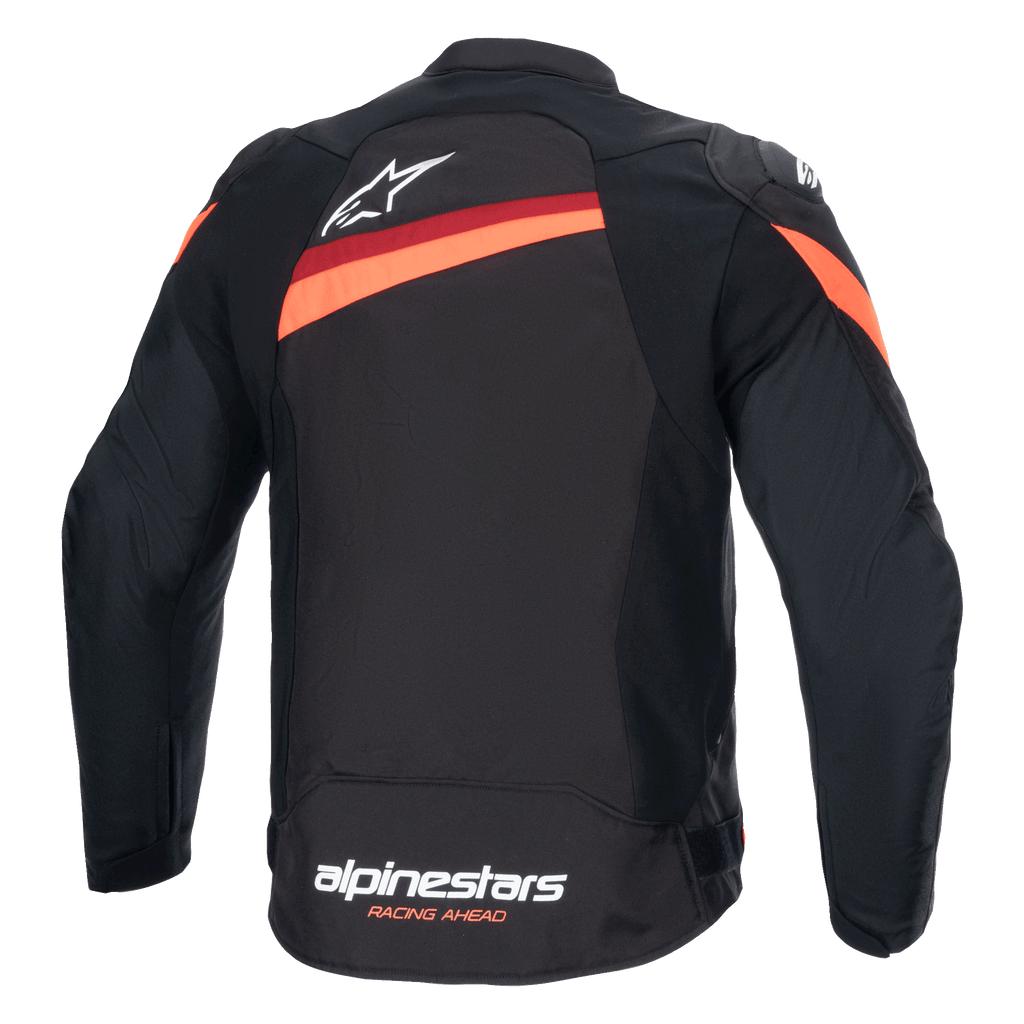 Alpinestars T-GP Plus R V4-jakke, set bagfra, sort og rød fluo, tekstil sport motorcykeljakke, hvidt Alpinestars-logo på øvre ryg og branding på nederste kant, diagonale røde striber over skuldre og ryg, forudbøjede ærmer