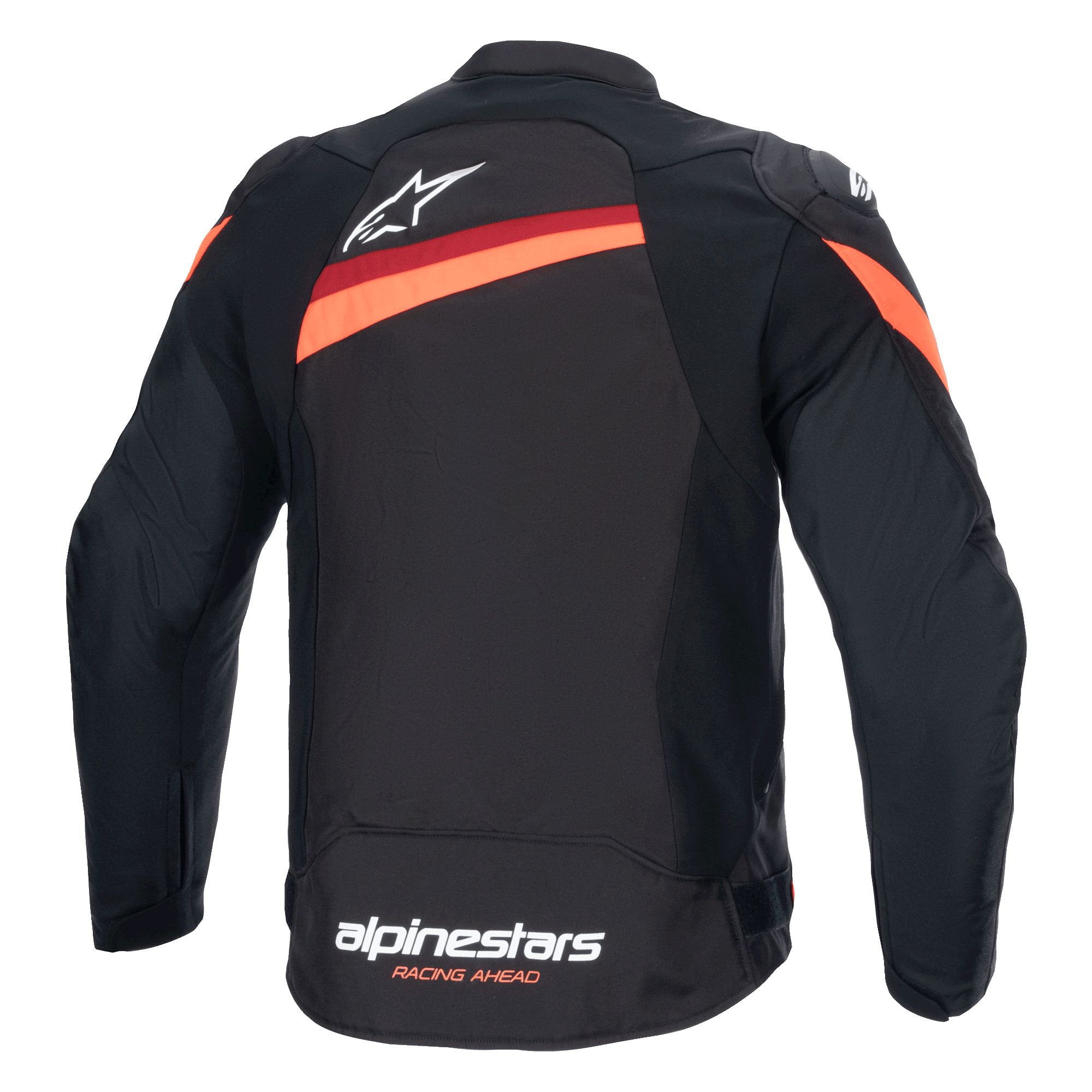 Alpinestars T-GP Plus R V4-jakke, set bagfra, sort og rød fluo, tekstil sport motorcykeljakke, hvidt Alpinestars-logo på øvre ryg og branding på nederste kant, diagonale røde striber over skuldre og ryg, forudbøjede ærmer