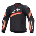 Alpinestars T-GP Plus R V4 jakke, sort motorcykeljakke med røde og fluo-orange striber, stort hvidt logo på brystet, sportivt tekstildesign med rødt for i kraven og ærmer med logo, højtydende sportsudstyr til kørsel