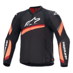 Alpinestars T-GP Plus R V4 jakke, sort motorcykeljakke med røde og fluo-orange striber, stort hvidt logo på brystet, sportivt tekstildesign med rødt for i kraven og ærmer med logo, højtydende sportsudstyr til kørsel