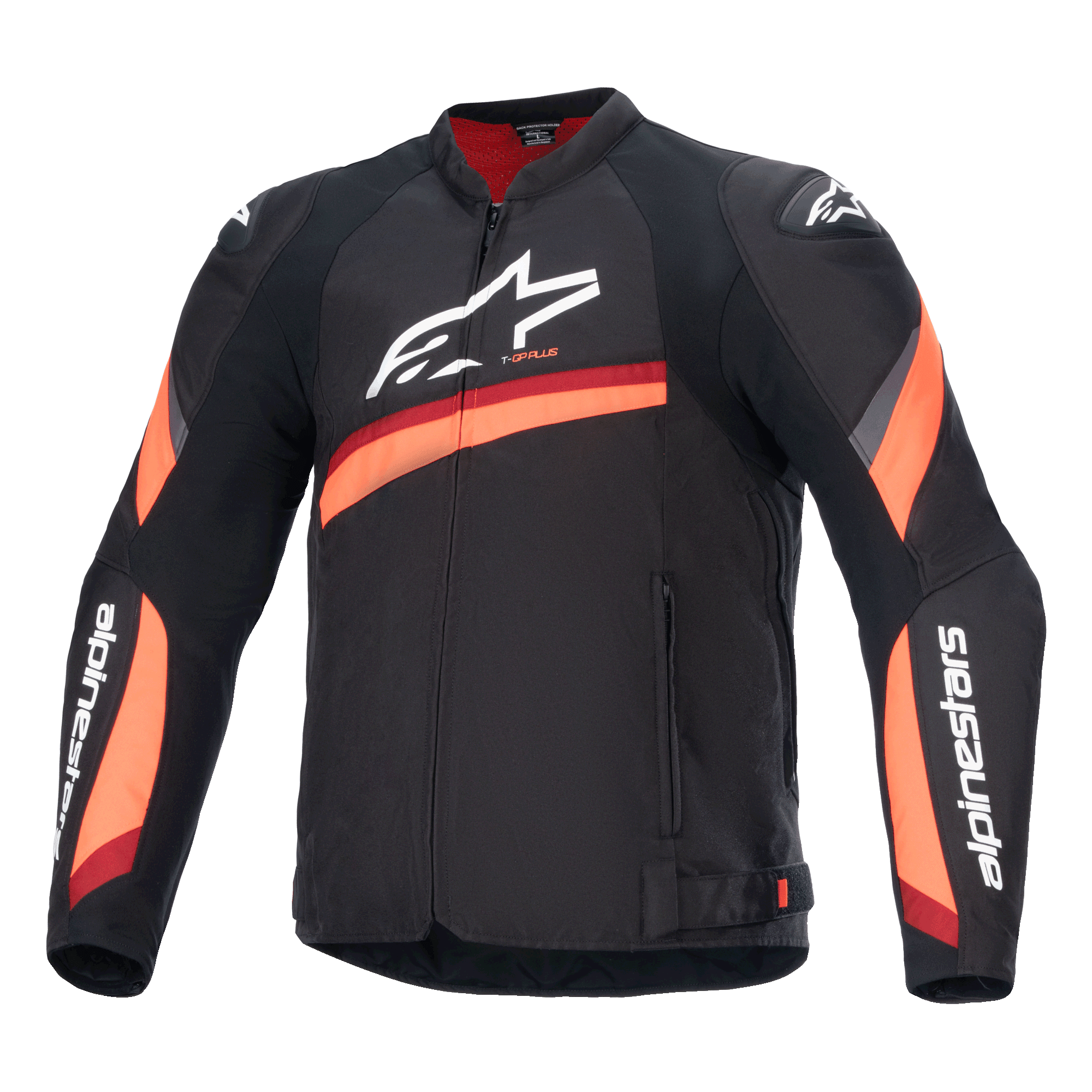 Alpinestars T-GP Plus R V4 jakke, sort motorcykeljakke med røde og fluo-orange striber, stort hvidt logo på brystet, sportivt tekstildesign med rødt for i kraven og ærmer med logo, højtydende sportsudstyr til kørsel
