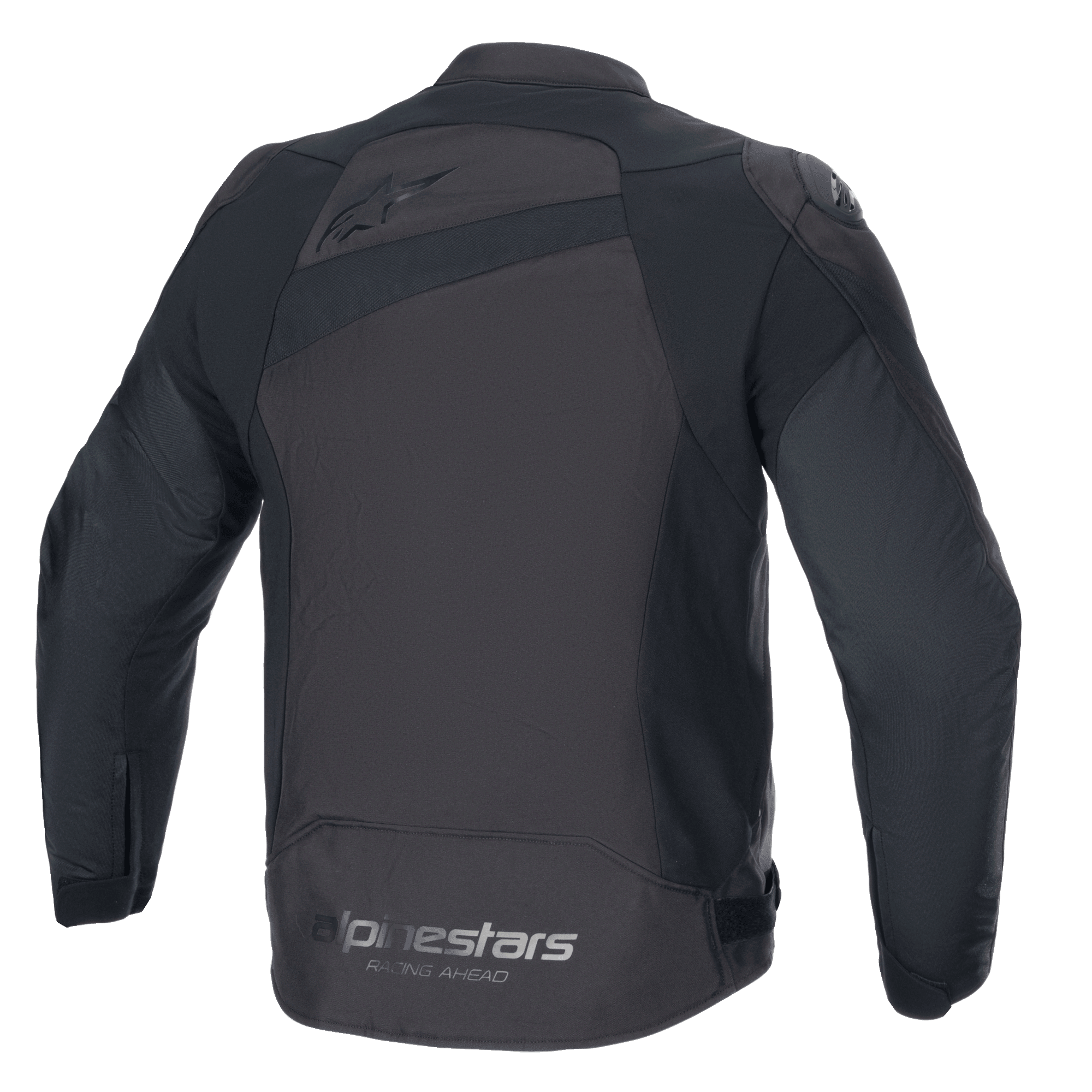 Alpinestars T-GP Plus R V4 Jacket, Textile Motorcycle Jacket, Black and Black, back view showing Alpinestars branding and 'Racing Ahead' slogan, sport fit with DFS Lite shoulder protectors and durable poly-fabric construction