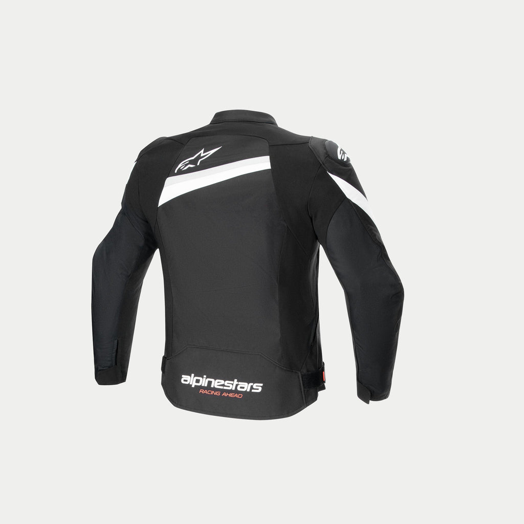 Alpinestars T-GP Plus R V4 Jacket, Black and White textile motorcycle riding jacket, rear view showcasing pre-curved sleeves, white branding logos, and CE-certified construction