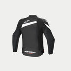 Alpinestars T-GP Plus R V4 Jacket, Black and White textile motorcycle riding jacket, rear view showcasing pre-curved sleeves, white branding logos, and CE-certified construction
