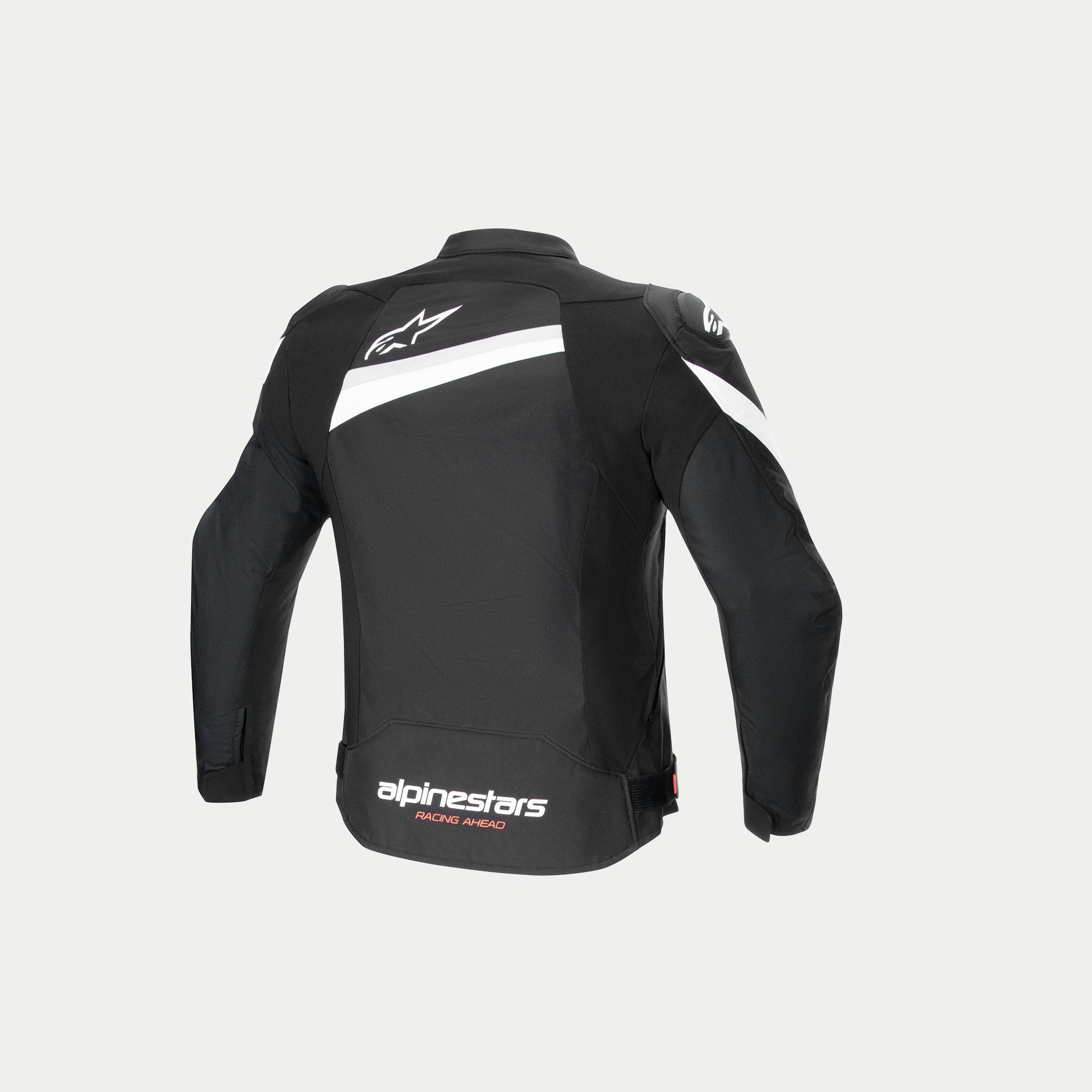 Alpinestars T-GP Plus R V4 Jacket, Black and White textile motorcycle riding jacket, rear view showcasing pre-curved sleeves, white branding logos, and CE-certified construction