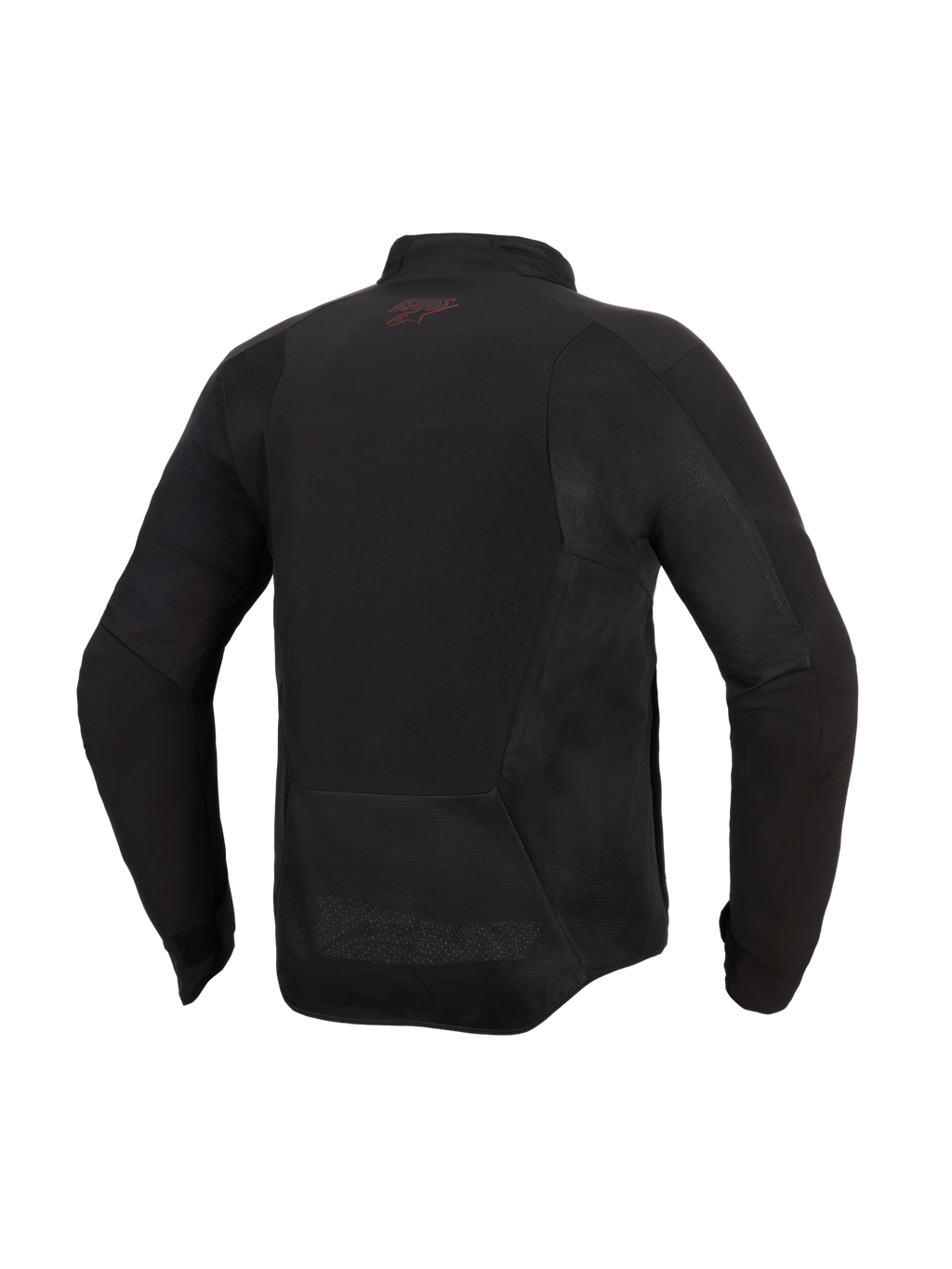 Alpinestars Aeroshell Airflow-jakke, motorcykeljakke, Black Anthracite, set bagfra med mesh-paneler og laser-perforerede ventilationszoner, forlænget ryg for dækning under kørsel, lille rødt logo i nakken, letvægts softshell-design i sportssnit
