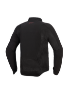 Alpinestars Aeroshell Airflow-jakke, motorcykeljakke, Black Anthracite, set bagfra med mesh-paneler og laser-perforerede ventilationszoner, forlænget ryg for dækning under kørsel, lille rødt logo i nakken, letvægts softshell-design i sportssnit